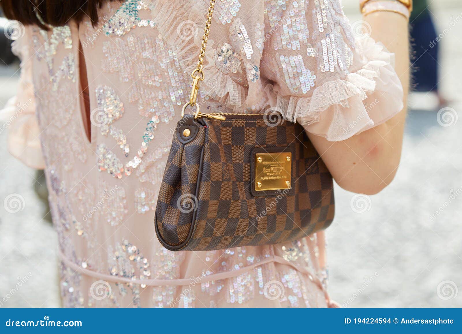 Woman with Brown Louis Vuitton Bag and Pink Dress with Sequins before  Tiziano Guardini Fashion Editorial Stock Image - Image of guardini,  colorful: 194224594