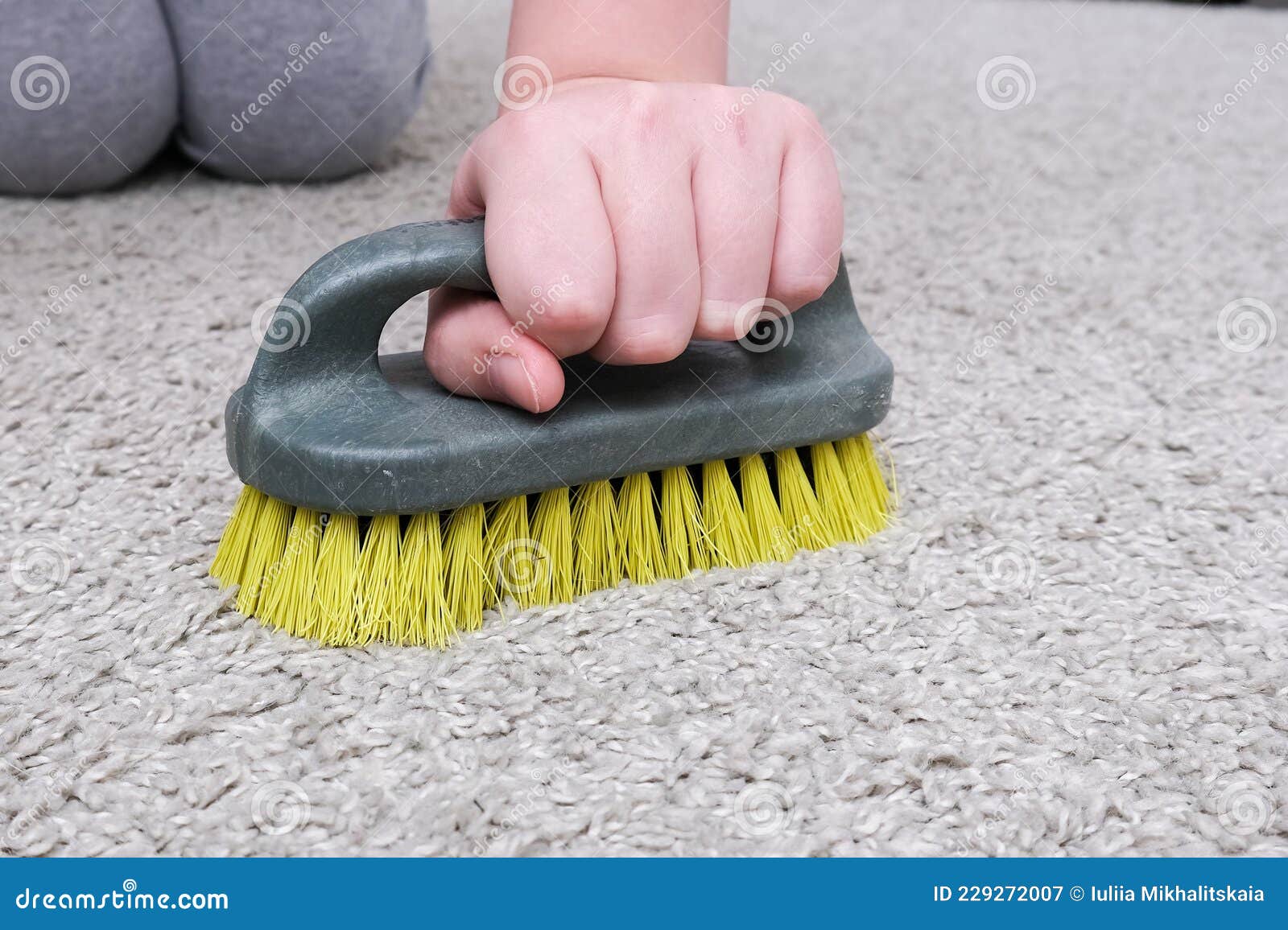 A Woman with a Brush in Hands Cleaning Carpet in House, Cleaning