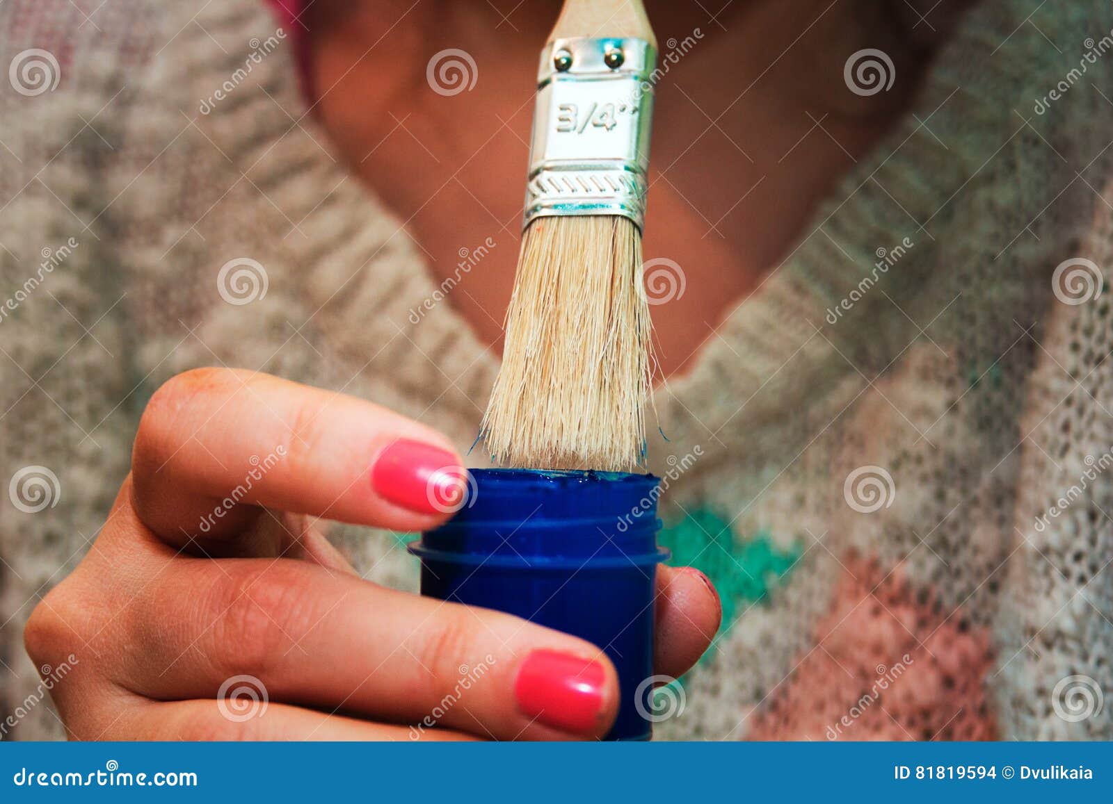 Woman with a Brush and a Tin of Blue Paint Stock Photo Image of brush