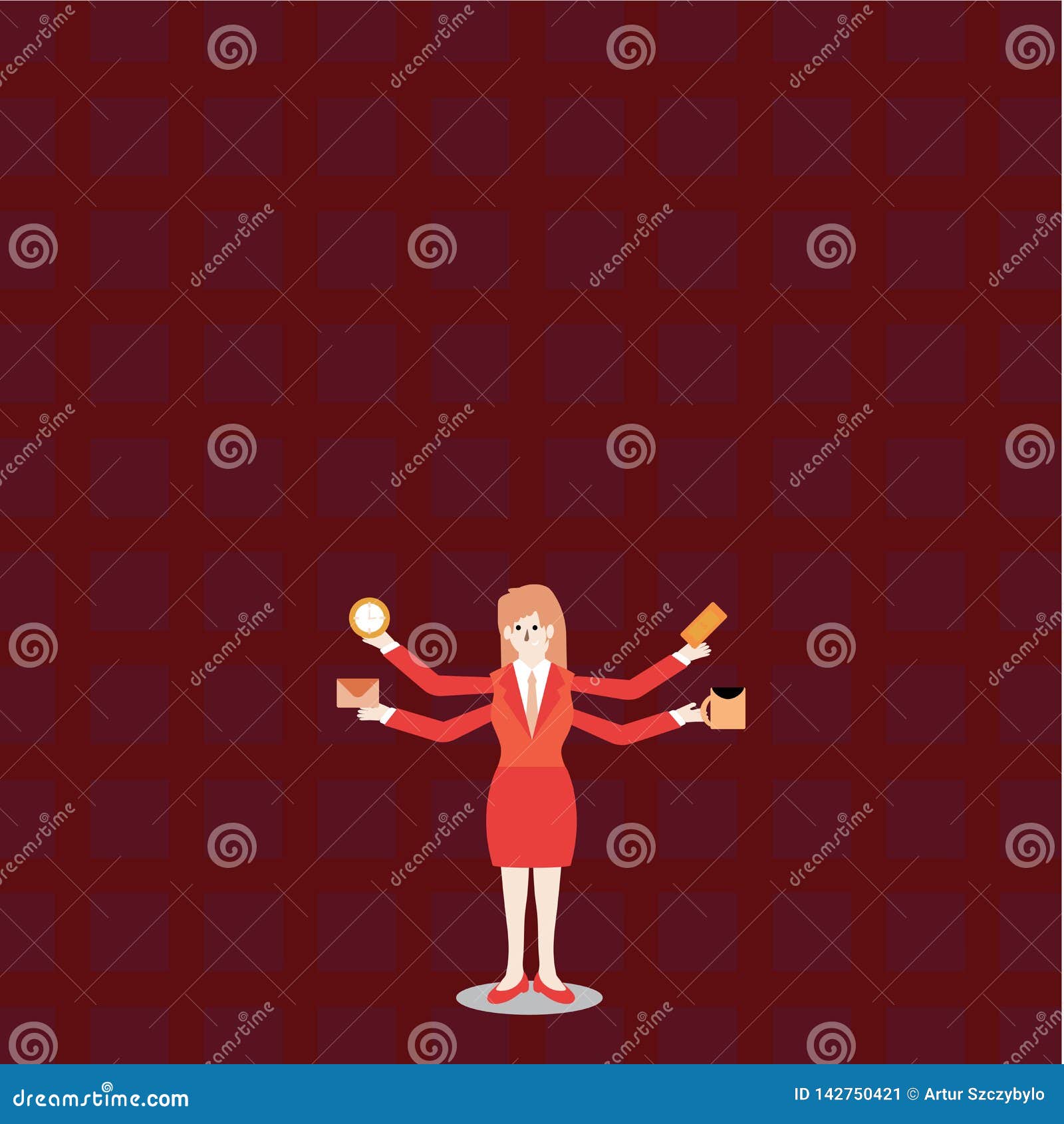 Woman in Business Suit Standing with Four Arms Exending Sideways