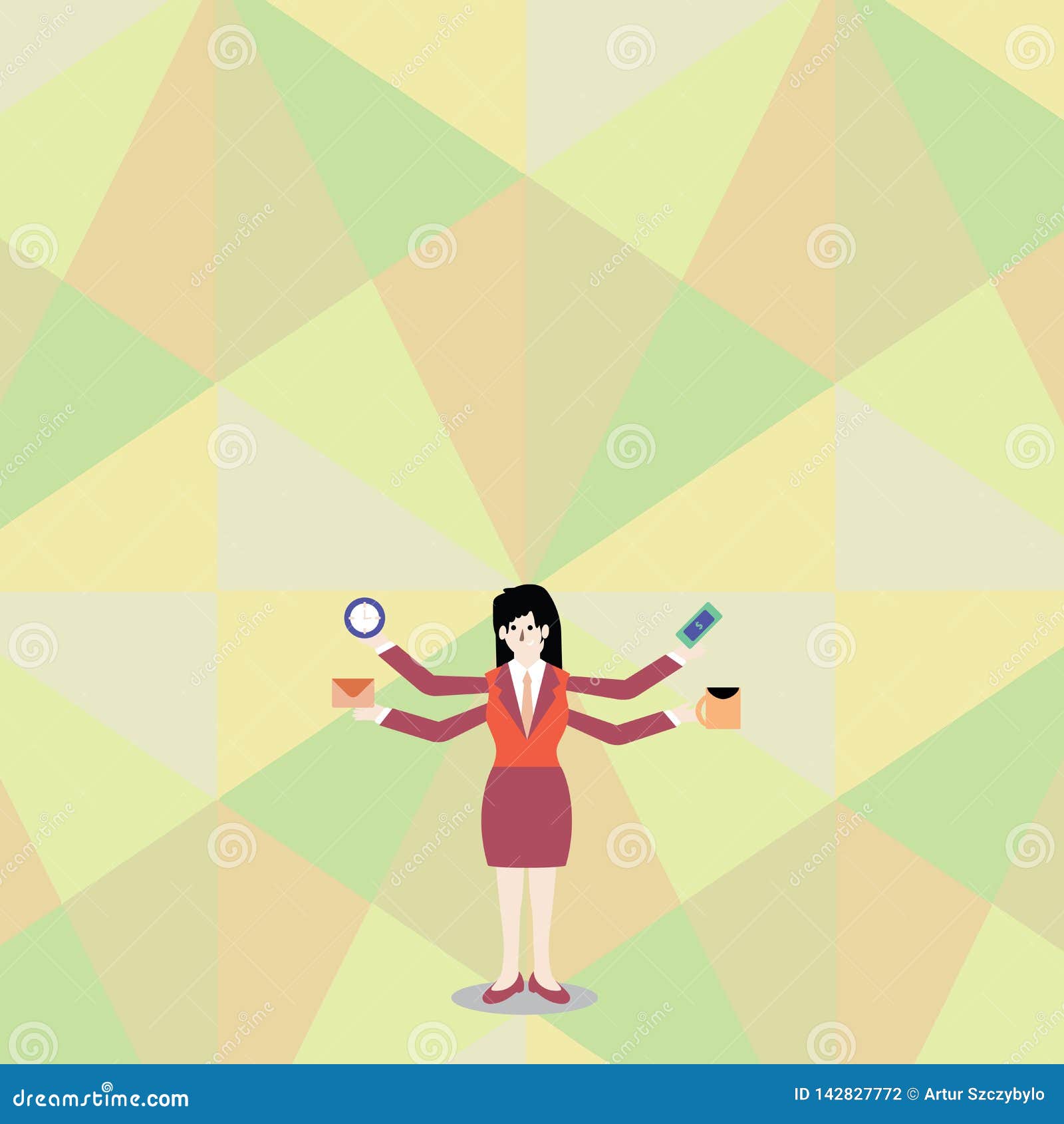 https://thumbs.dreamstime.com/z/woman-business-suit-standing-four-arms-exending-sideways-businesswoman-limbs-holding-workers-stuff-businesswoman-142827772.jpg