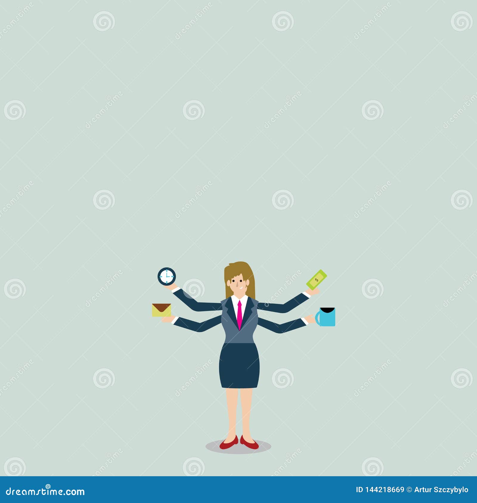 Woman in Business Suit Standing with Four Arms Exending Sideways