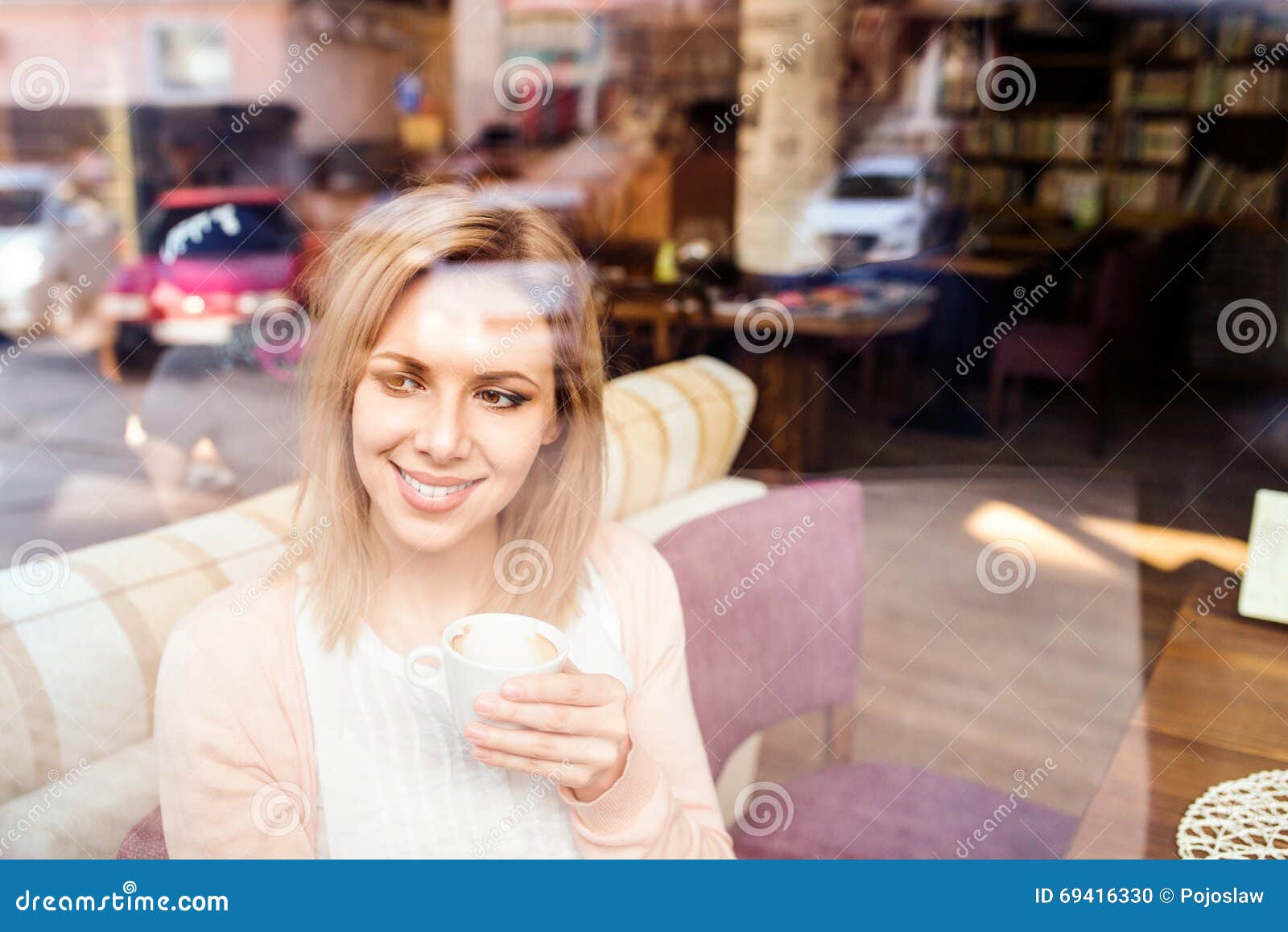 Woman in Cafe Drinking Coffee, Street Reflection in Window Stock Photo ...