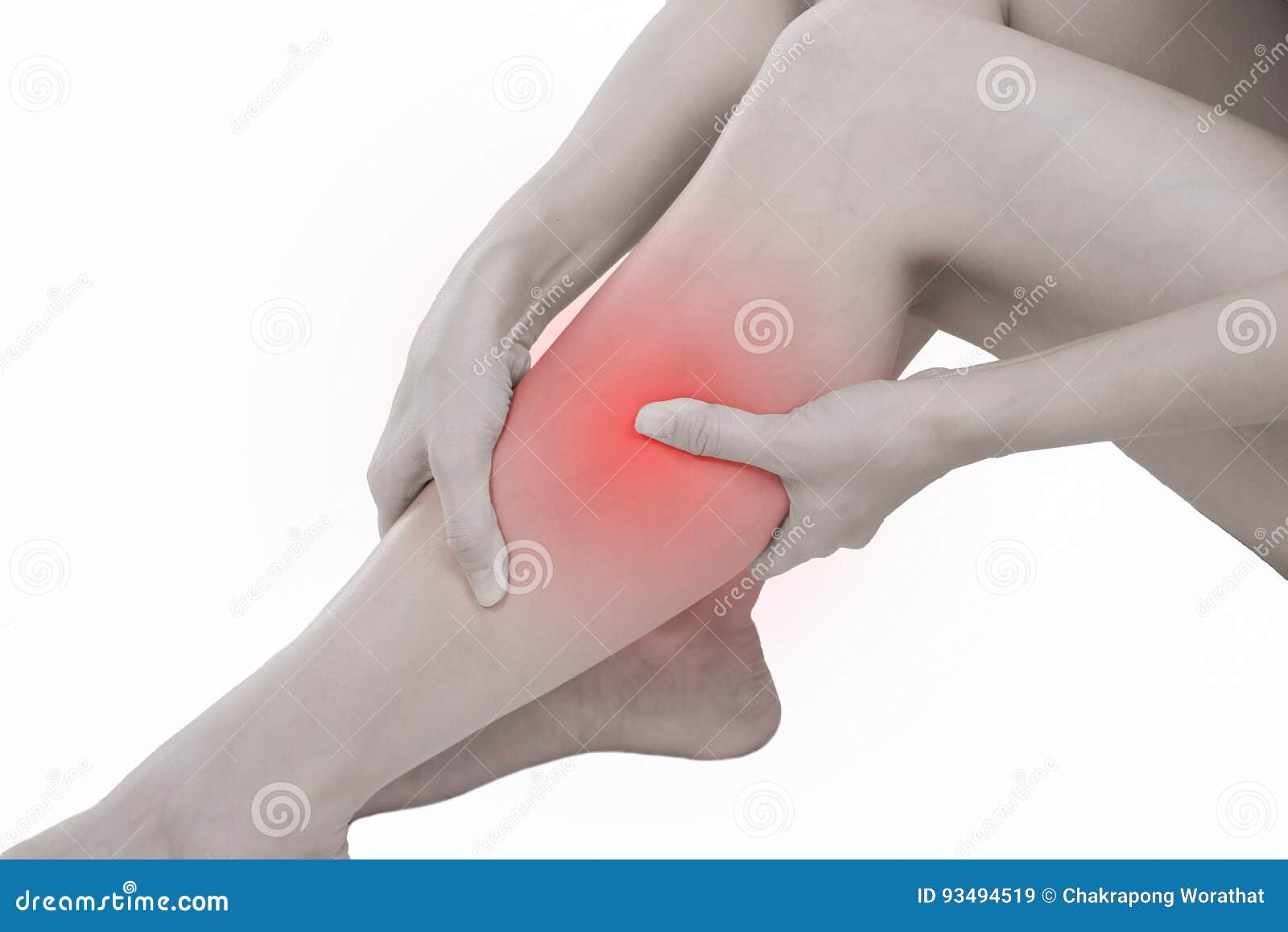 Woman with Calf Feeling Pain on White Background. Stock Image Image