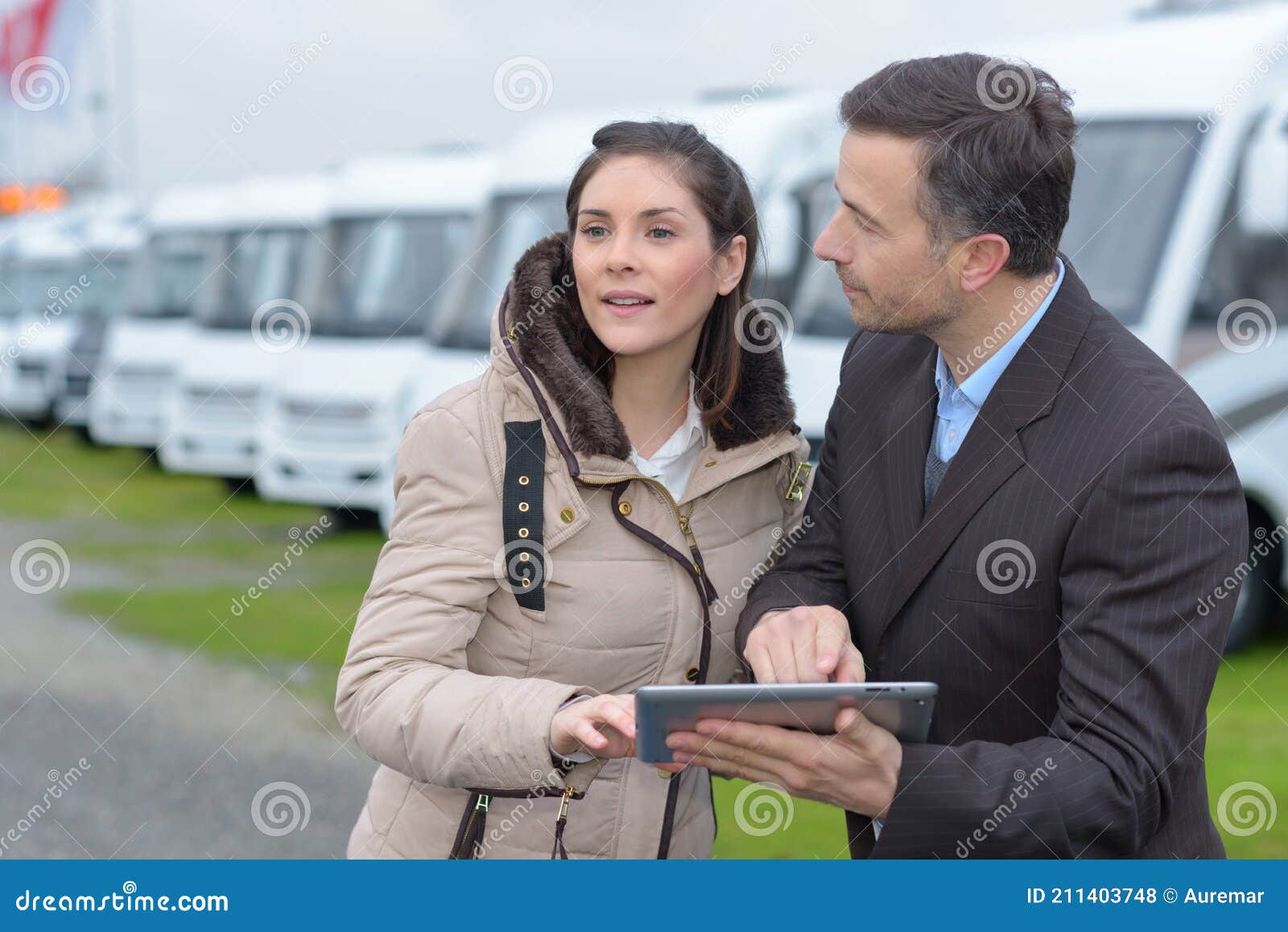Woman with Campervan Salesman Stock Photo Image of coat, attitude