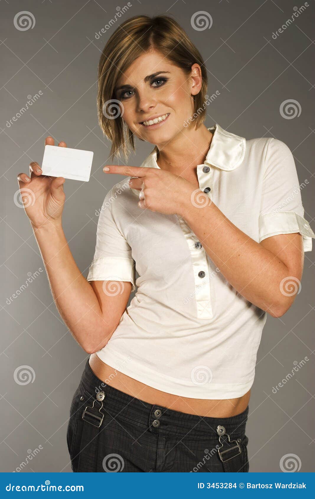 Woman with card stock photo. Image of friendly, girl, cute 3453284