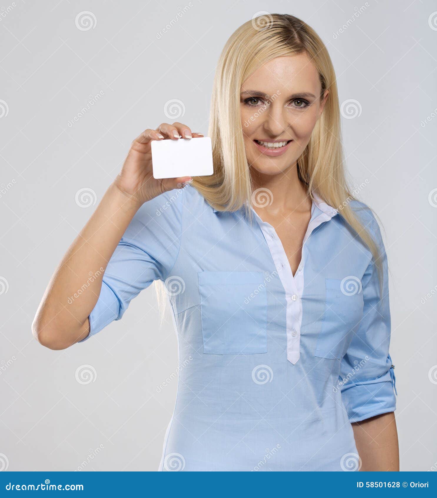 Woman with card stock photo. Image of holding, people 58501628