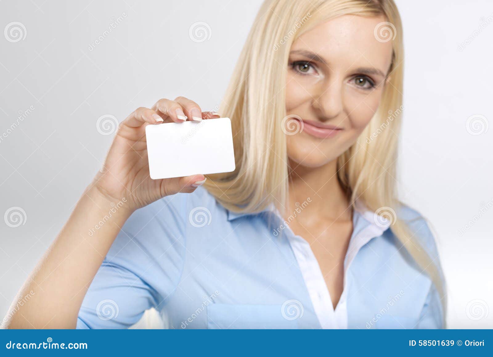 Woman with card stock image. Image of person, blond, showing 58501639