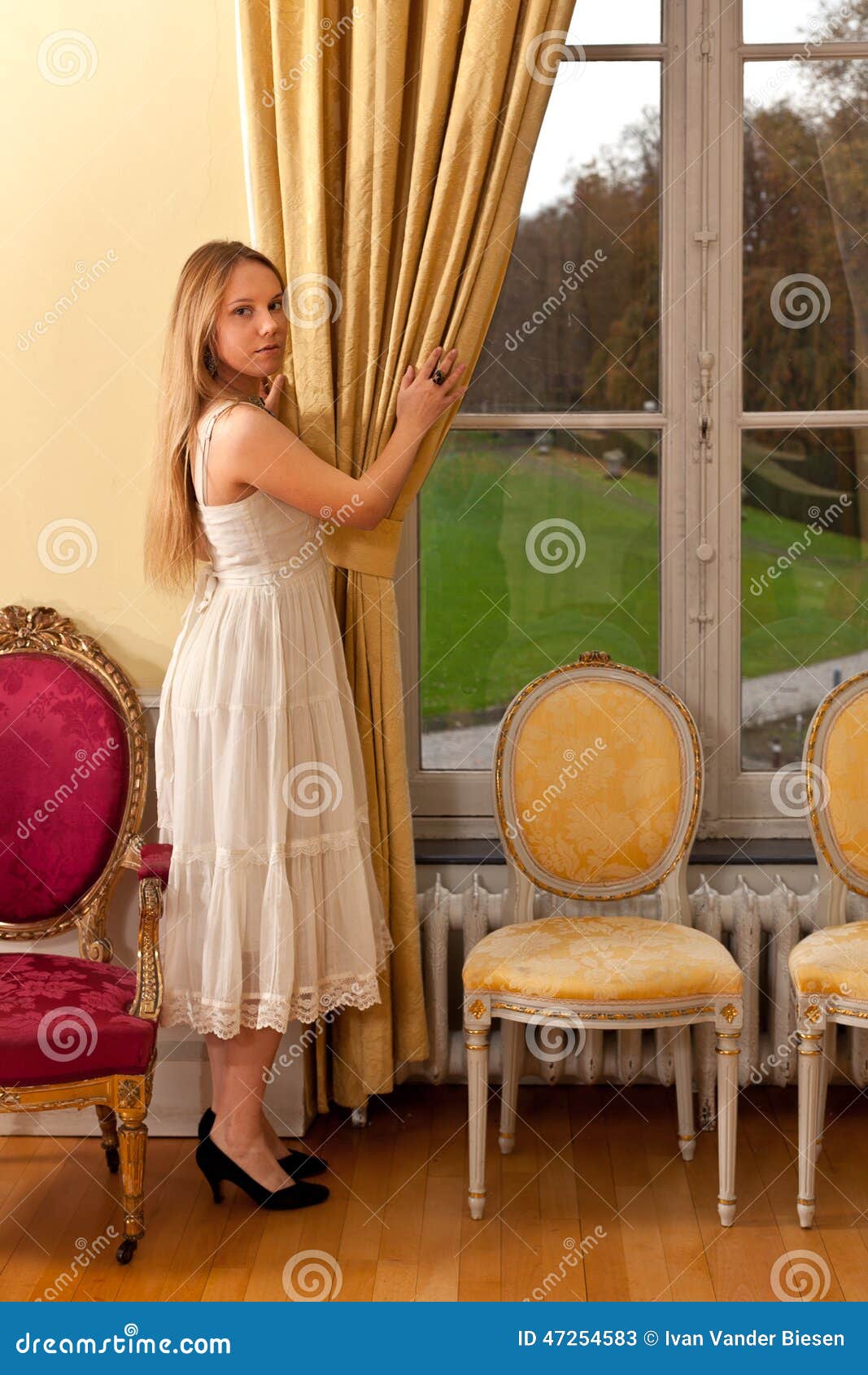 Woman castle window park stock image. Image of curtains ...