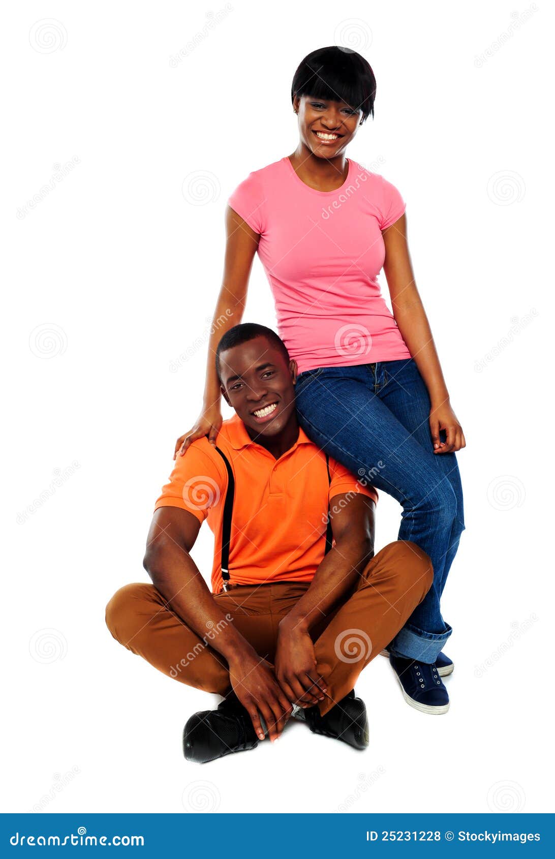 Woman In Casuals Sitting On Mans Shoulder Royalty Free Stock Photos