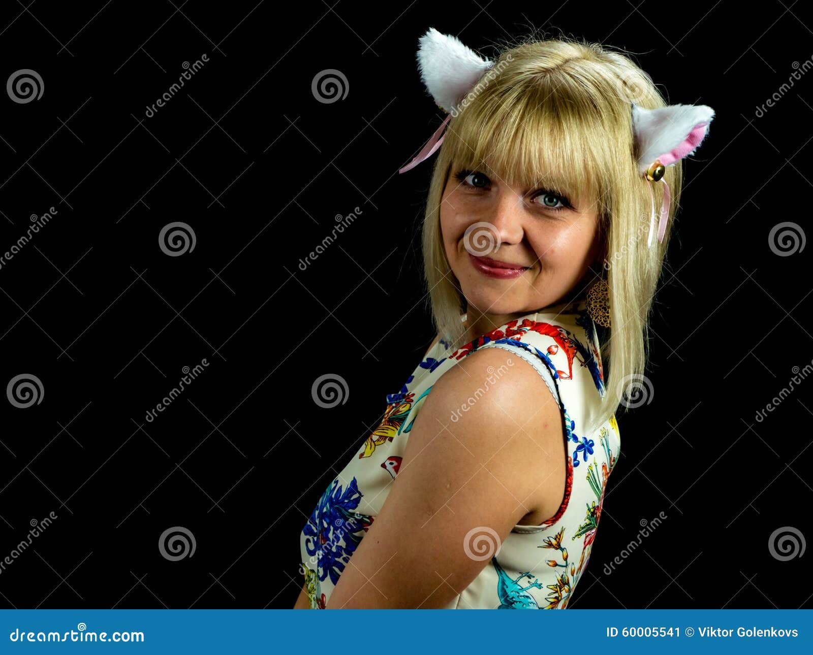 Woman with Cat Ears. on Black Background Stock Image Image of grin
