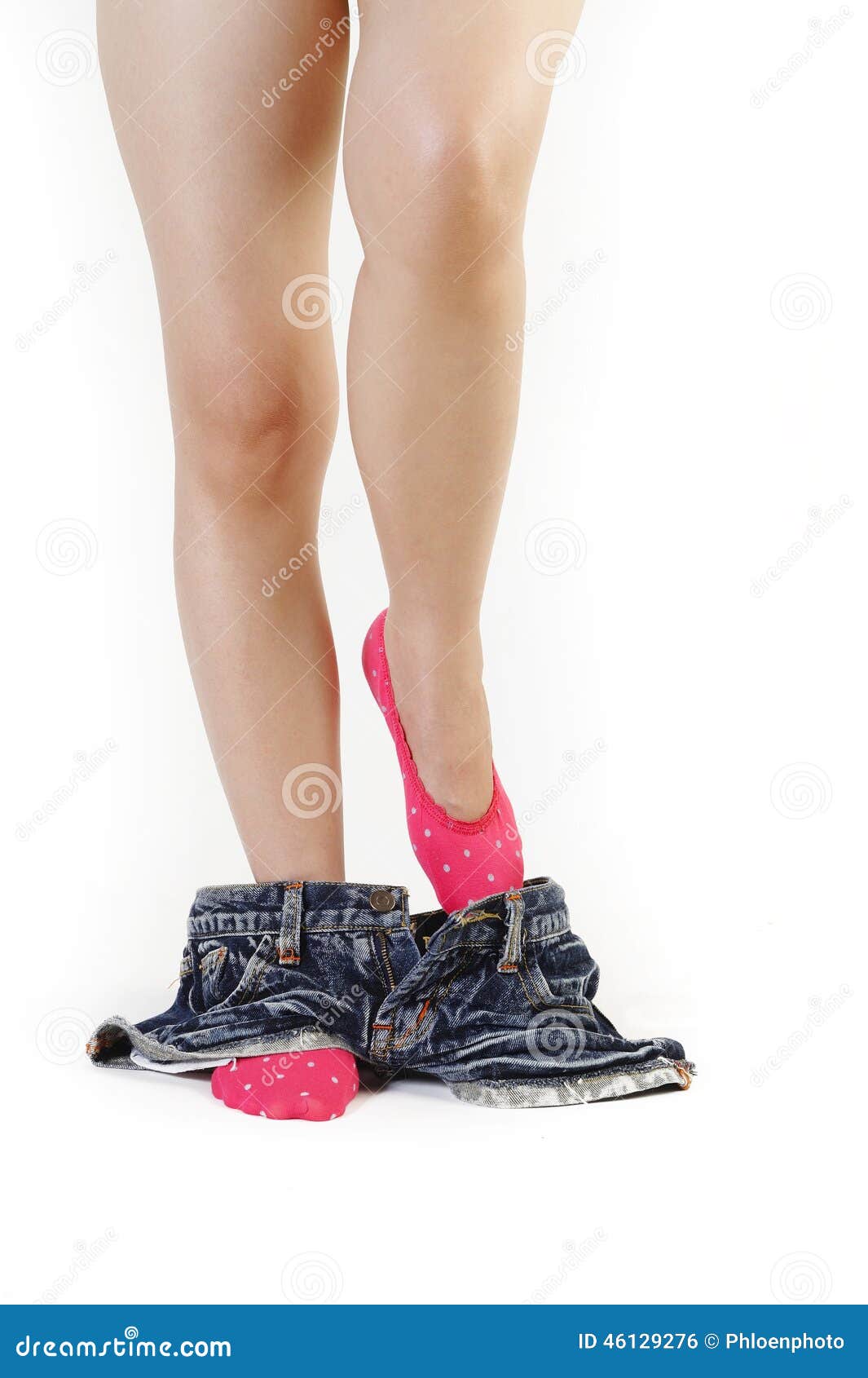 Woman Caught with Pants Down on White Stock Photo Image of foot, socks 46129276