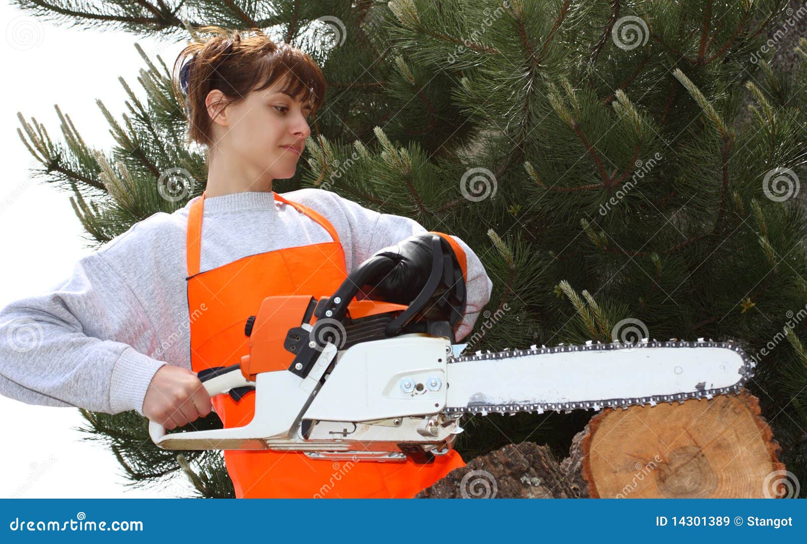 A woman with a chainsaw stock image. Image of trunk, lumber 14301389