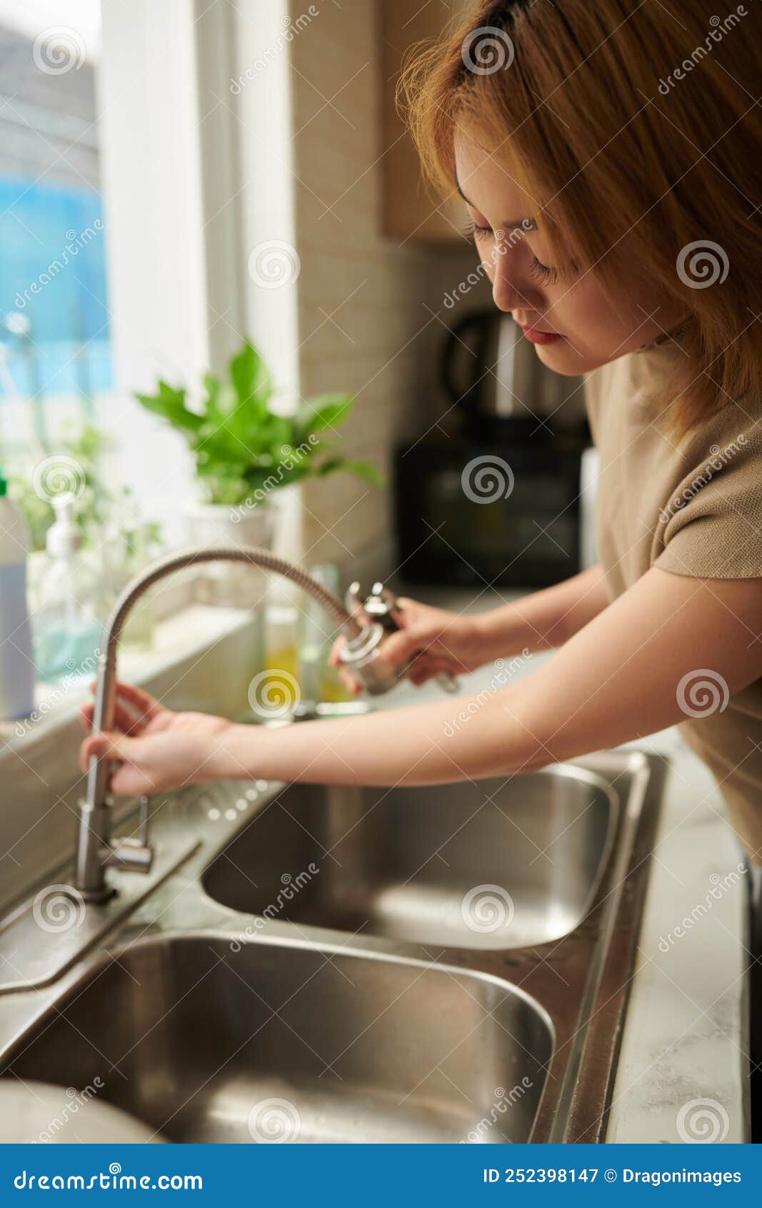 Woman Changing Leaking Sink Tap Stock Image Image of lifestyle