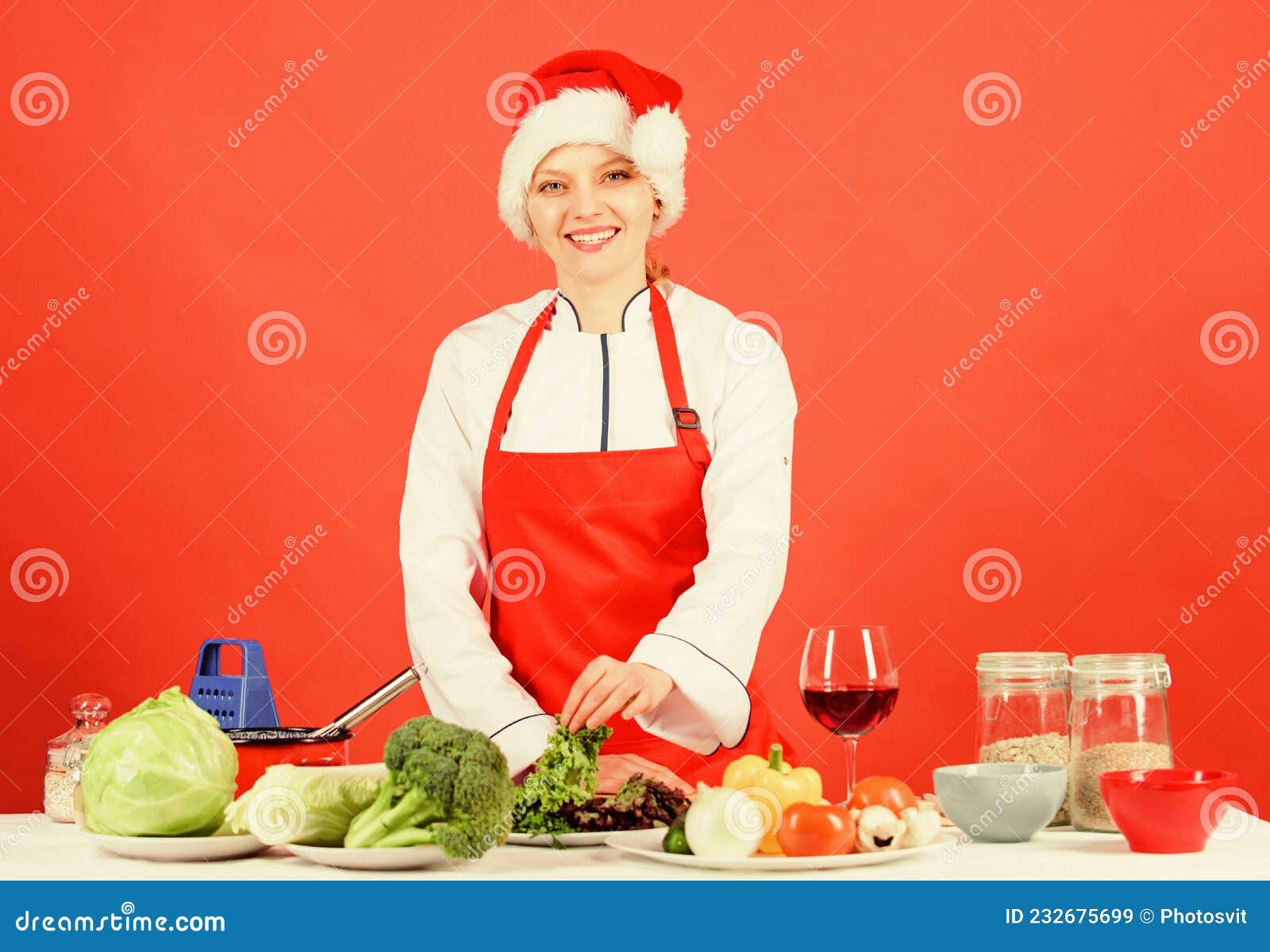 Woman Chef Cooking Christmas Dinner Wear Santa Hat. Festive Menu ...