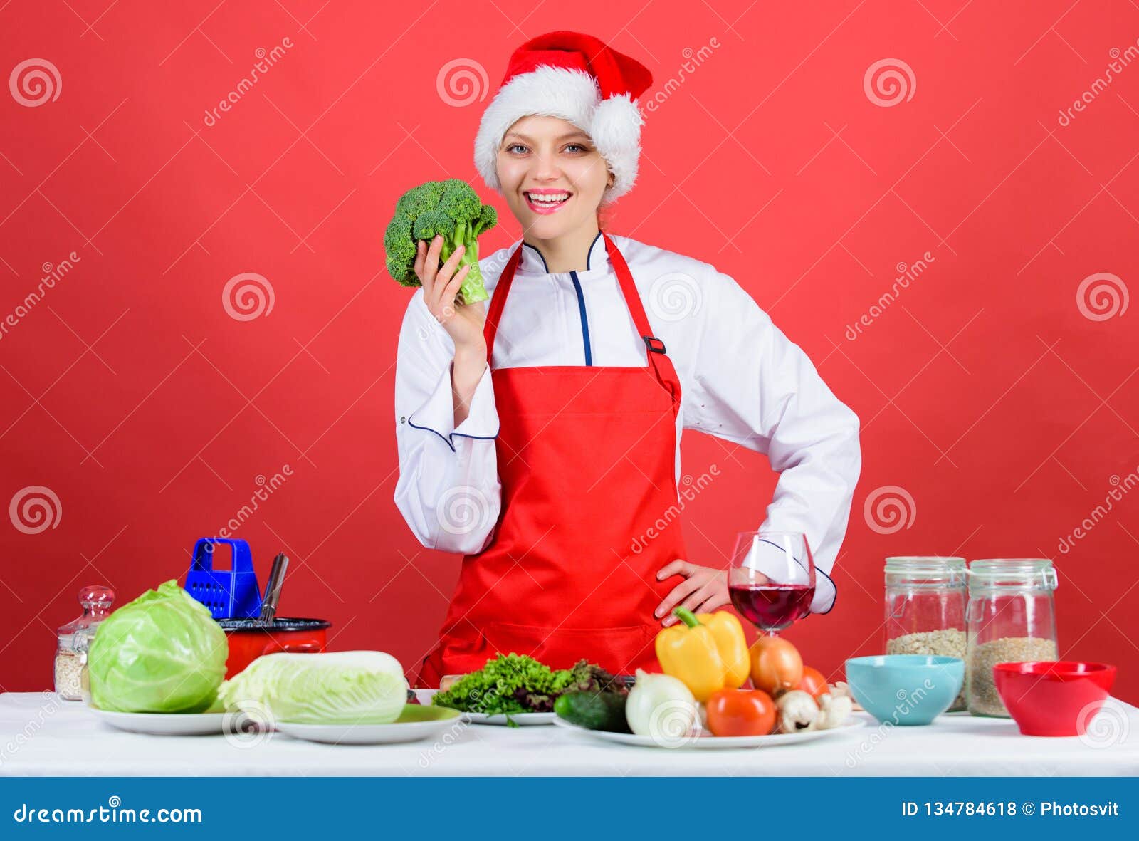 Woman Chef Cooking Christmas Dinner Wear Santa Hat. Festive Menu ...