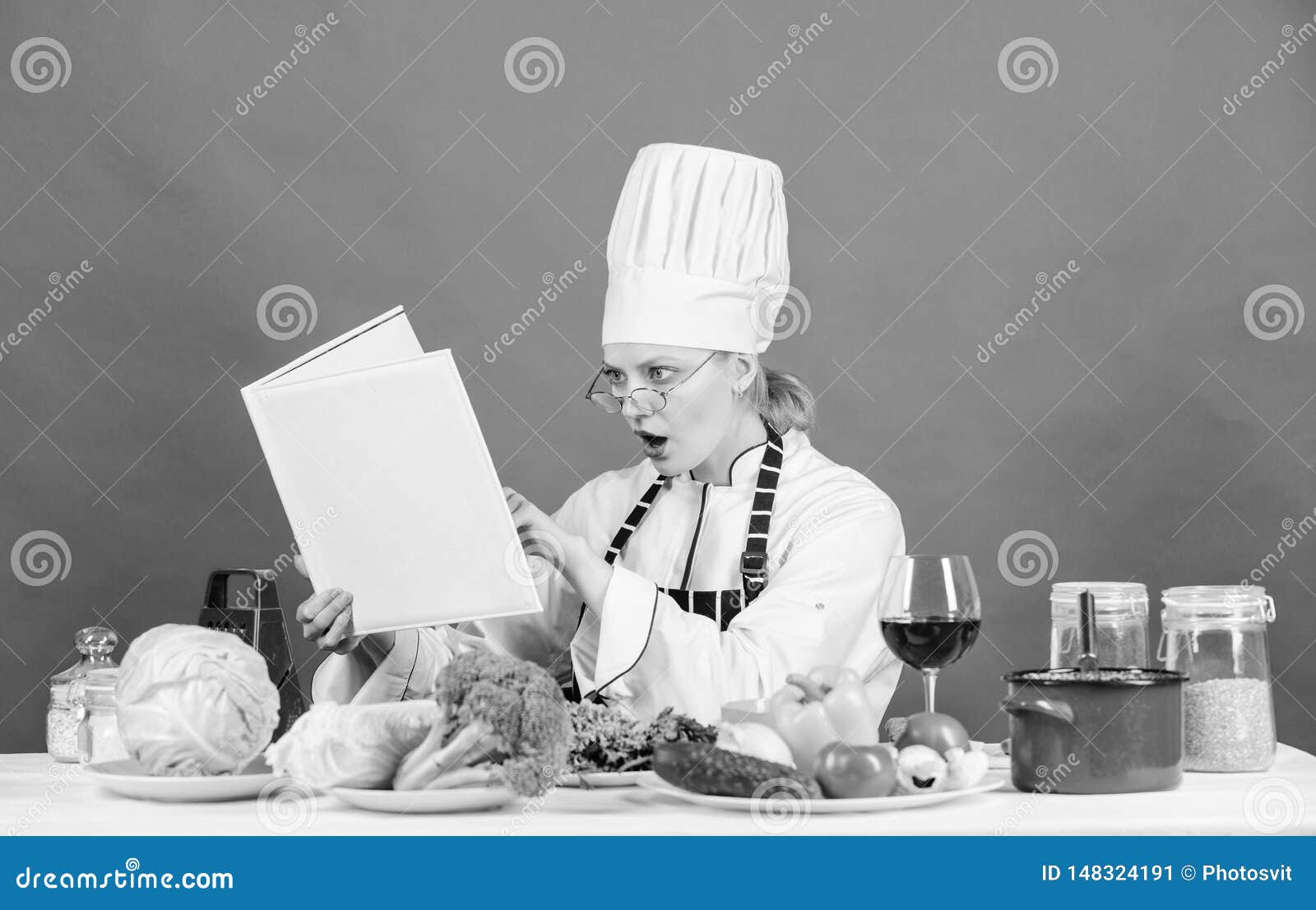 Woman Chef Cooking Healthy Food. Girl Read Book Best Culinary Recipes ...