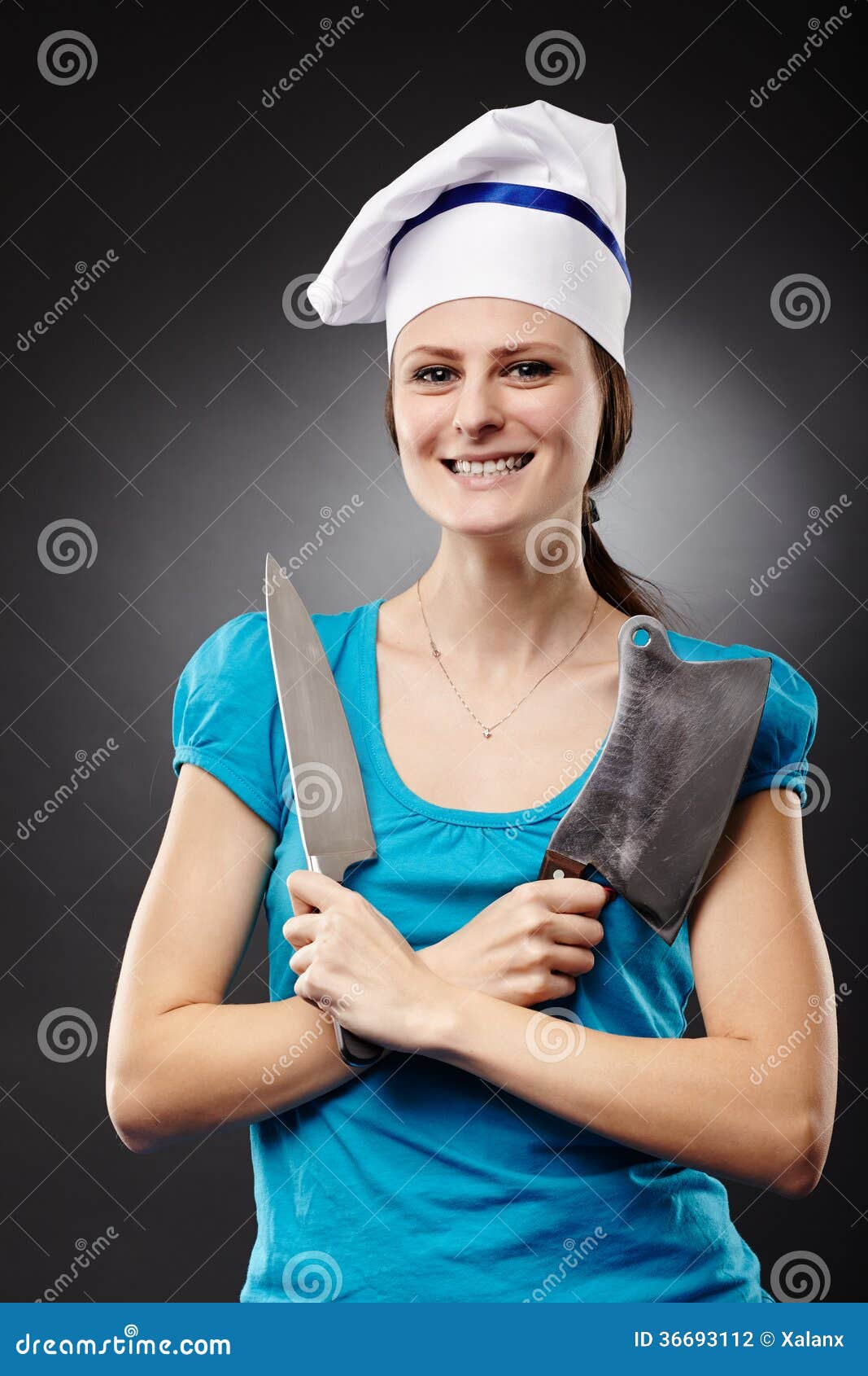 Woman Chef Holding a Knife and a Chopper Stock Photo - Image of ...