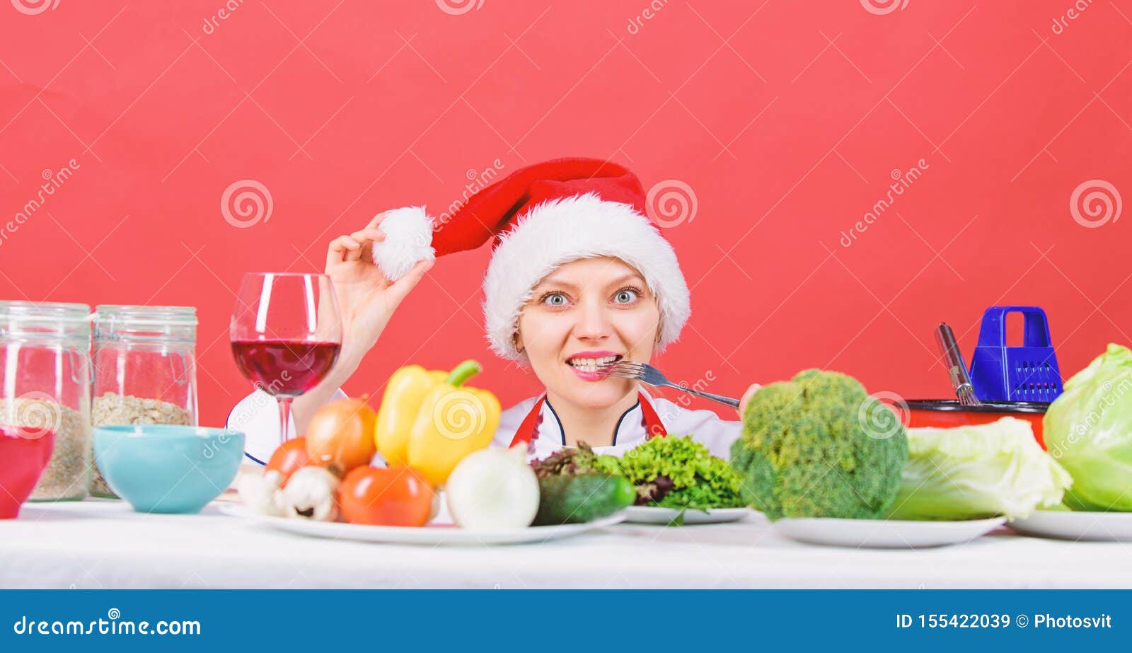 Woman Chef or Housewife Cooking while Wear Santa Hat. Best Christmas ...