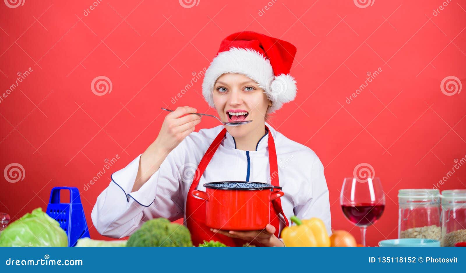 Woman Chef Santa Hat Cooking Hold Wooden Spoons. Best Christmas Recipes ...