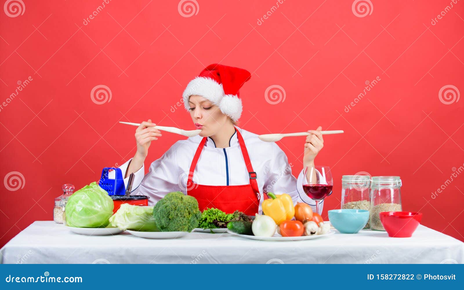 Woman Chef Santa Hat Cooking Hold Wooden Spoons. Best Christmas Recipes ...