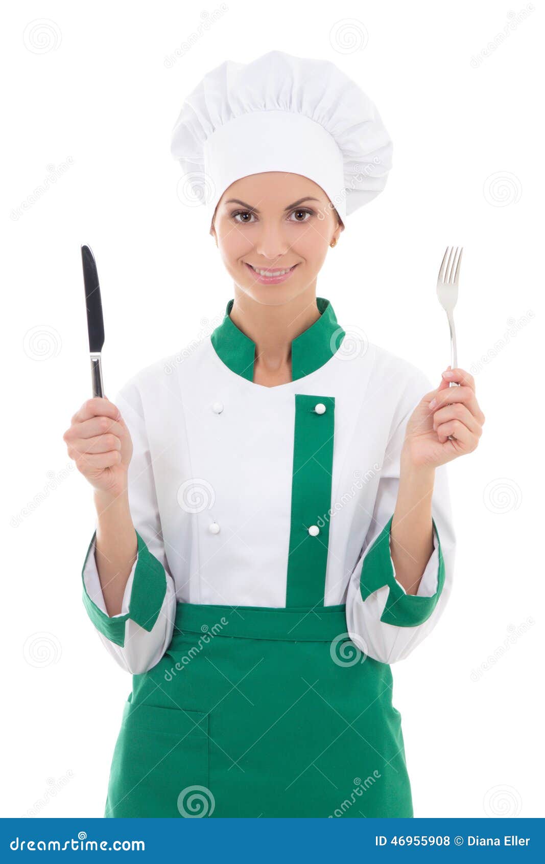 Woman Chef in Uniform Holding Fork and Knife Isolated on White Stock