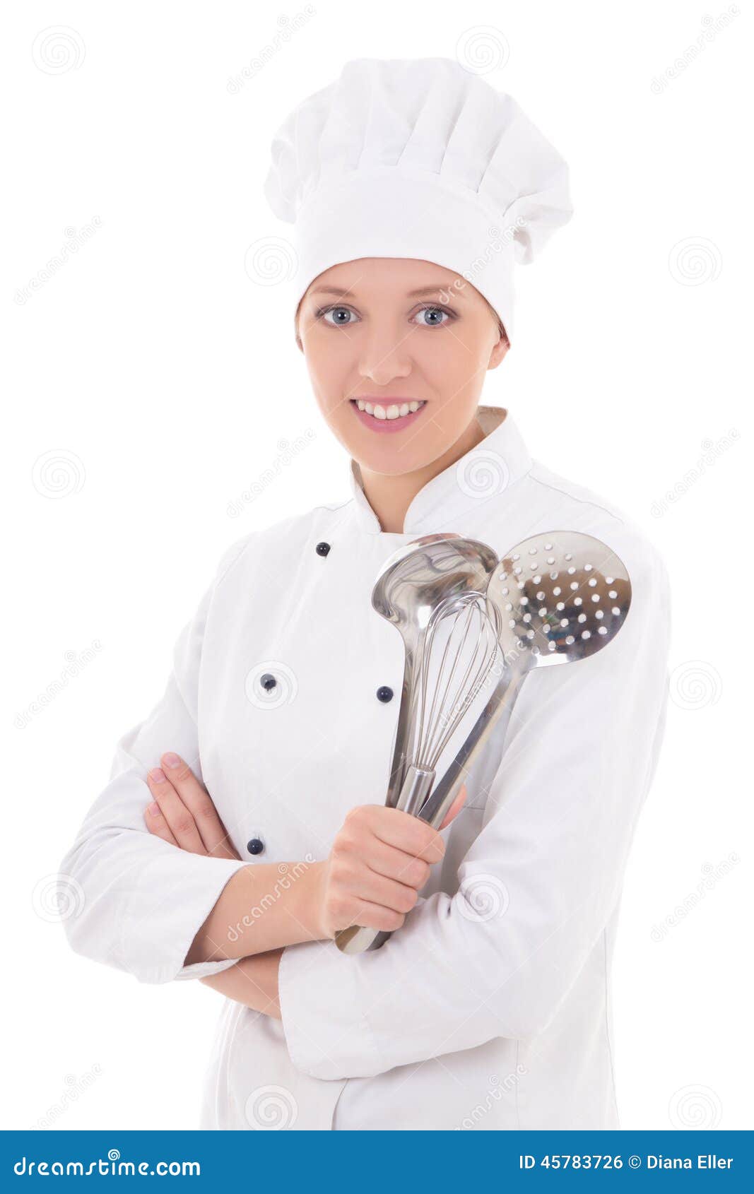 Woman In Chef Uniform With Kitchen Equipment Isolated On ...