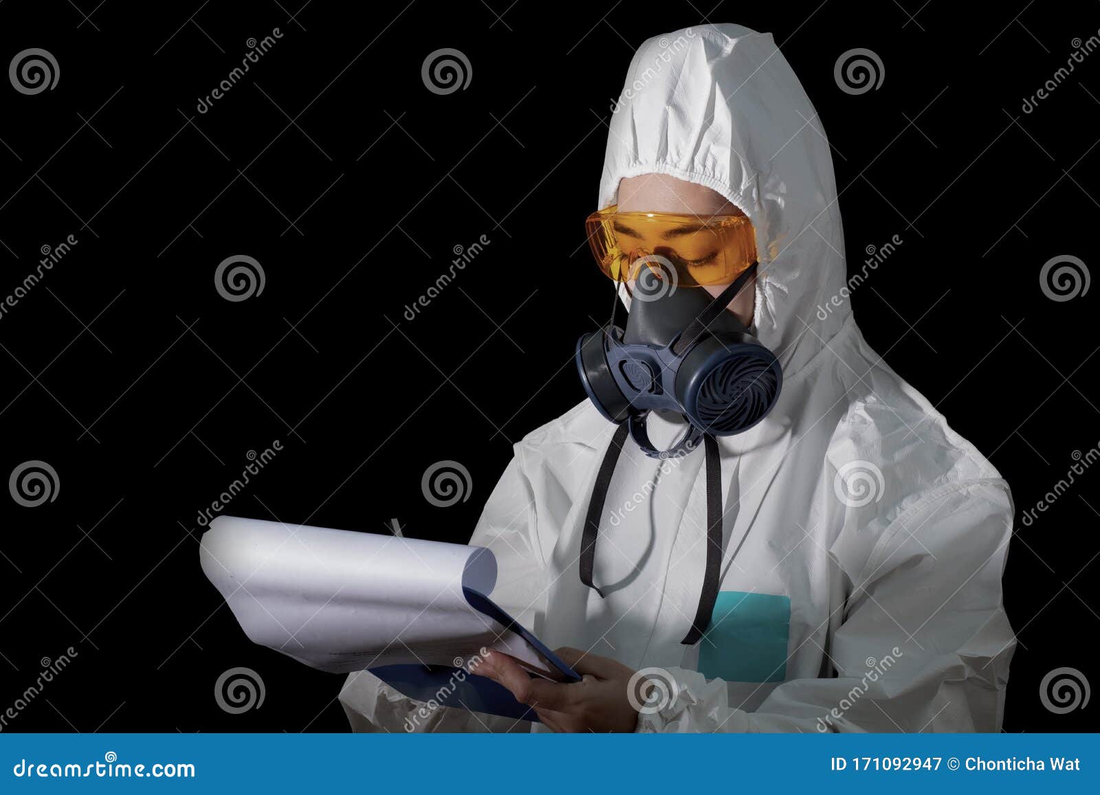 Woman in Chemical Protective Clothing and Antigas Mask with Glasses at ...