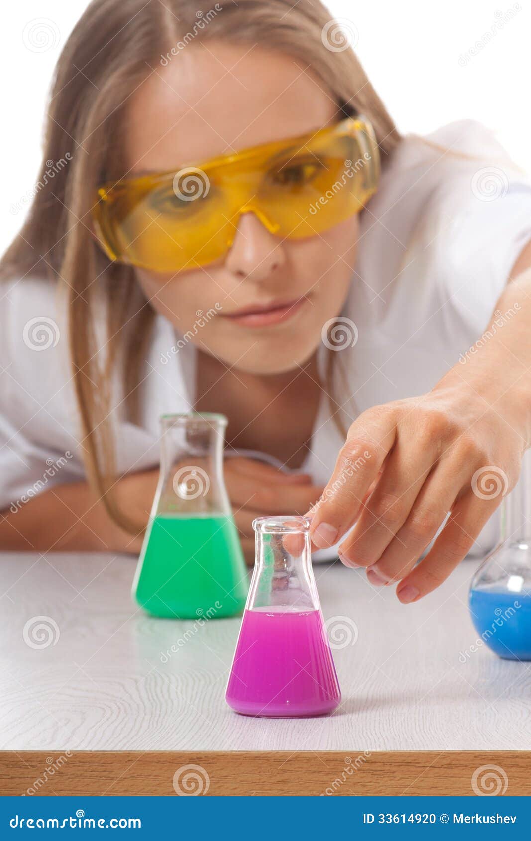 Woman Chemist and Chemicals in Flasks Stock Photo Image of science