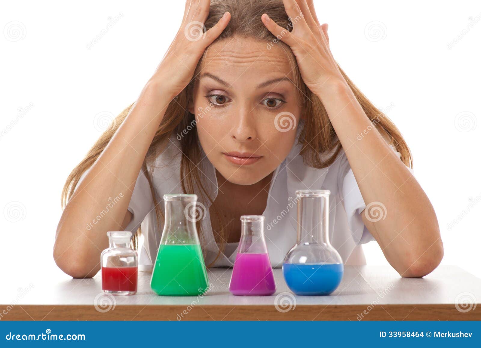 Woman Chemist and Chemicals in Flasks Stock Photo Image of research