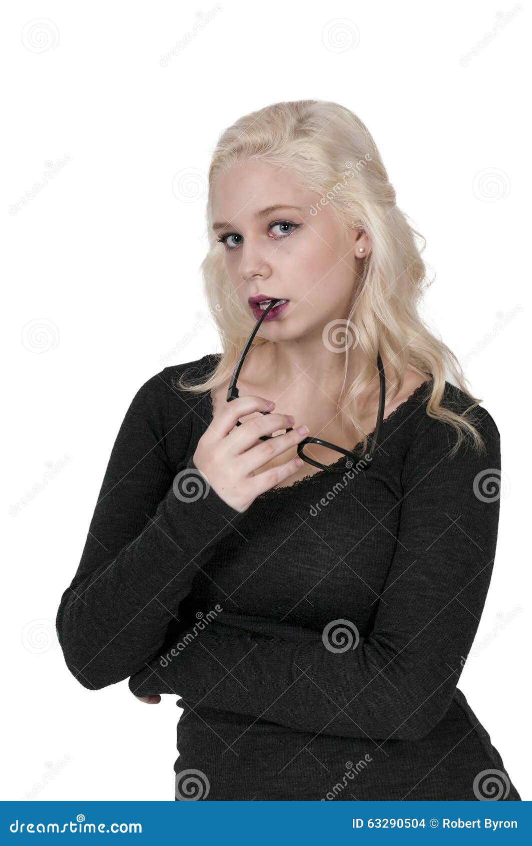 Woman chewing her glasses stock photo. Image of beautiful 63290504