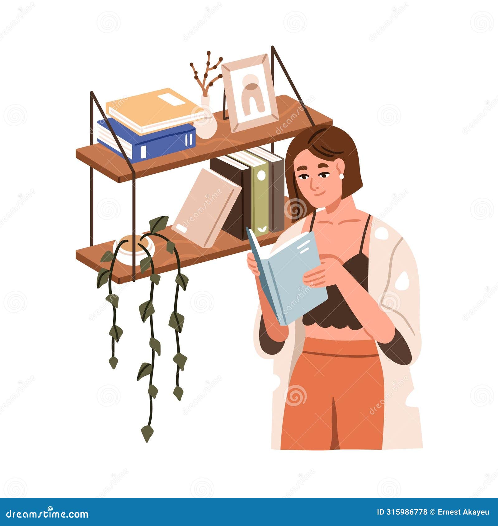 woman choosing book to read from bookshelf, shelf at home library. happy girl reader, bookworm enjoying novel. female