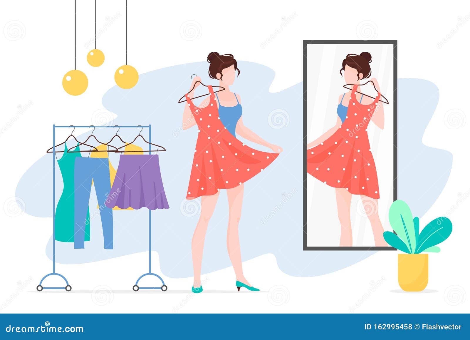 Woman Choosing Clothes Mirror Flat Vector Illustration Stock Vector -  Illustration of cartoon, dress: 162995458