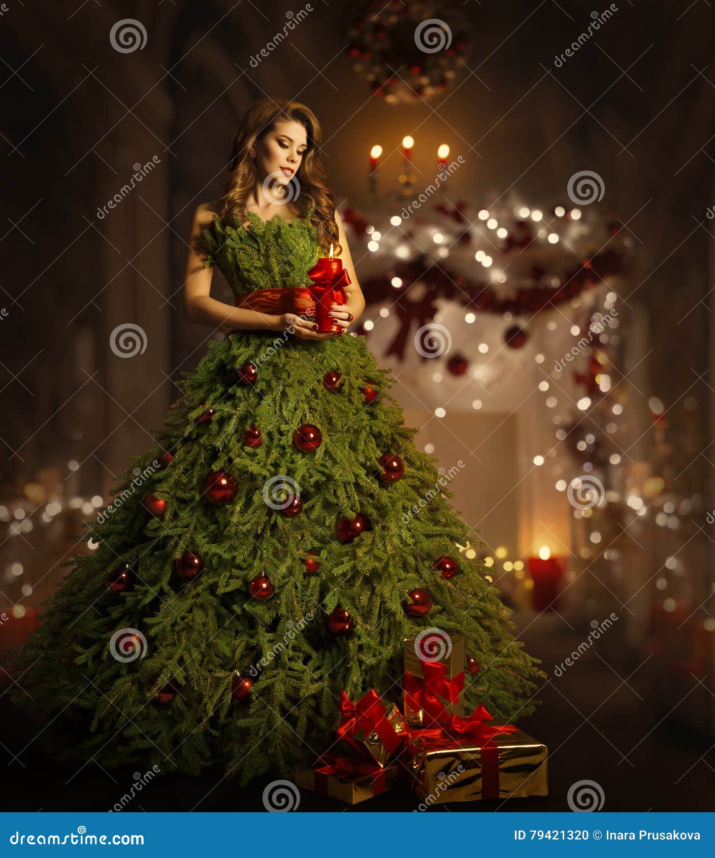 Woman Christmas Tree Dress, Fashion Model in Xmas Gown Costume Stock Photo  - Image of creative, green: 79421320