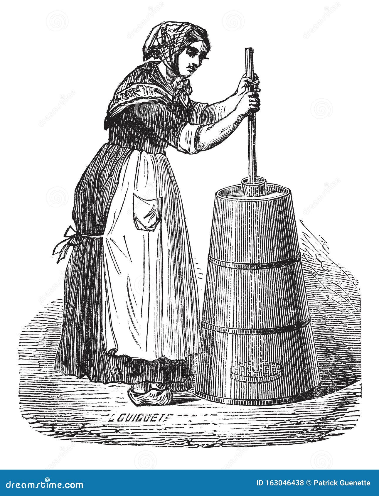 Woman Churning Butter with Ordinary Plunger Vintage Engraving