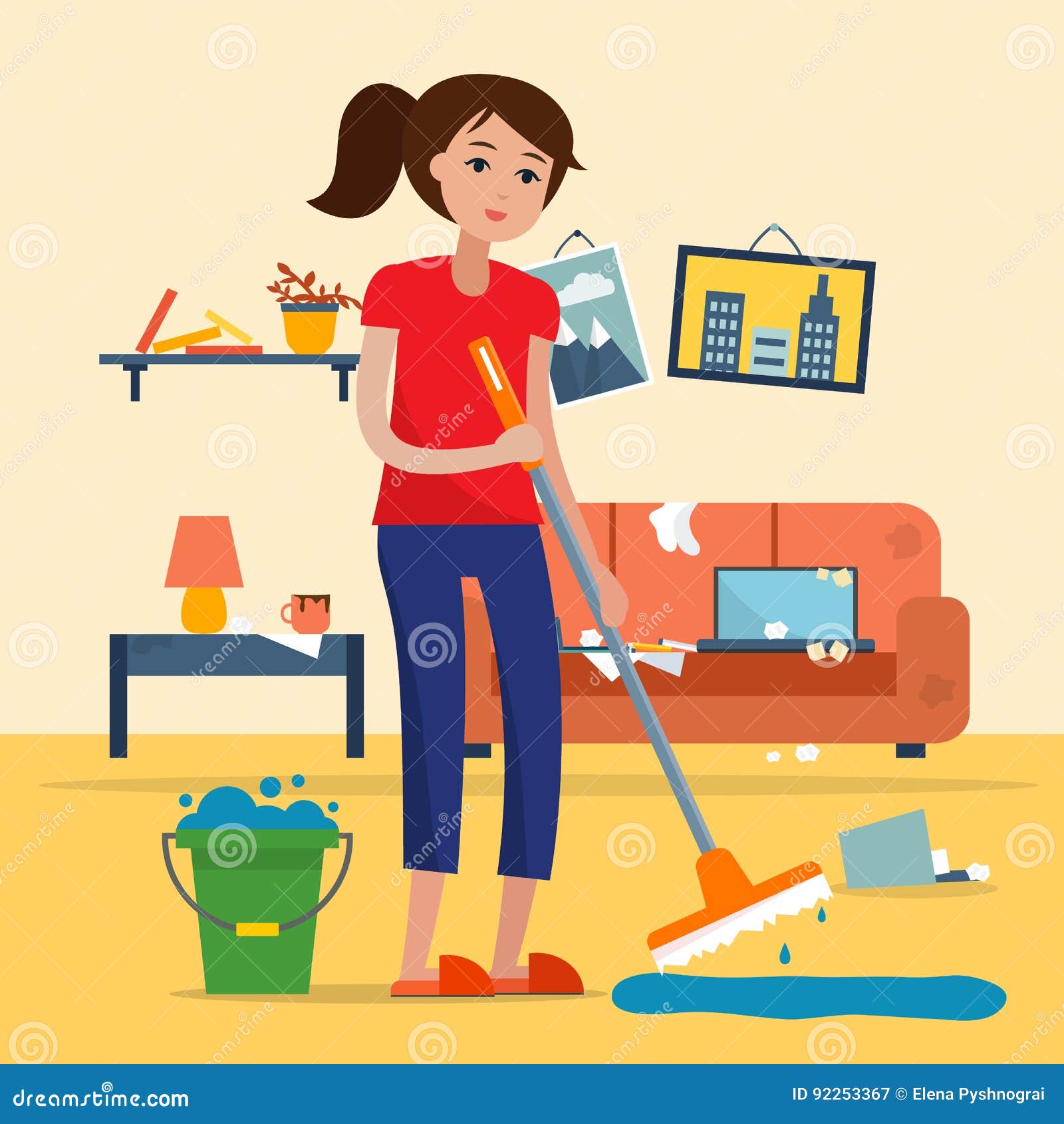 Room cleaning woman in house poster Royalty Free Vector