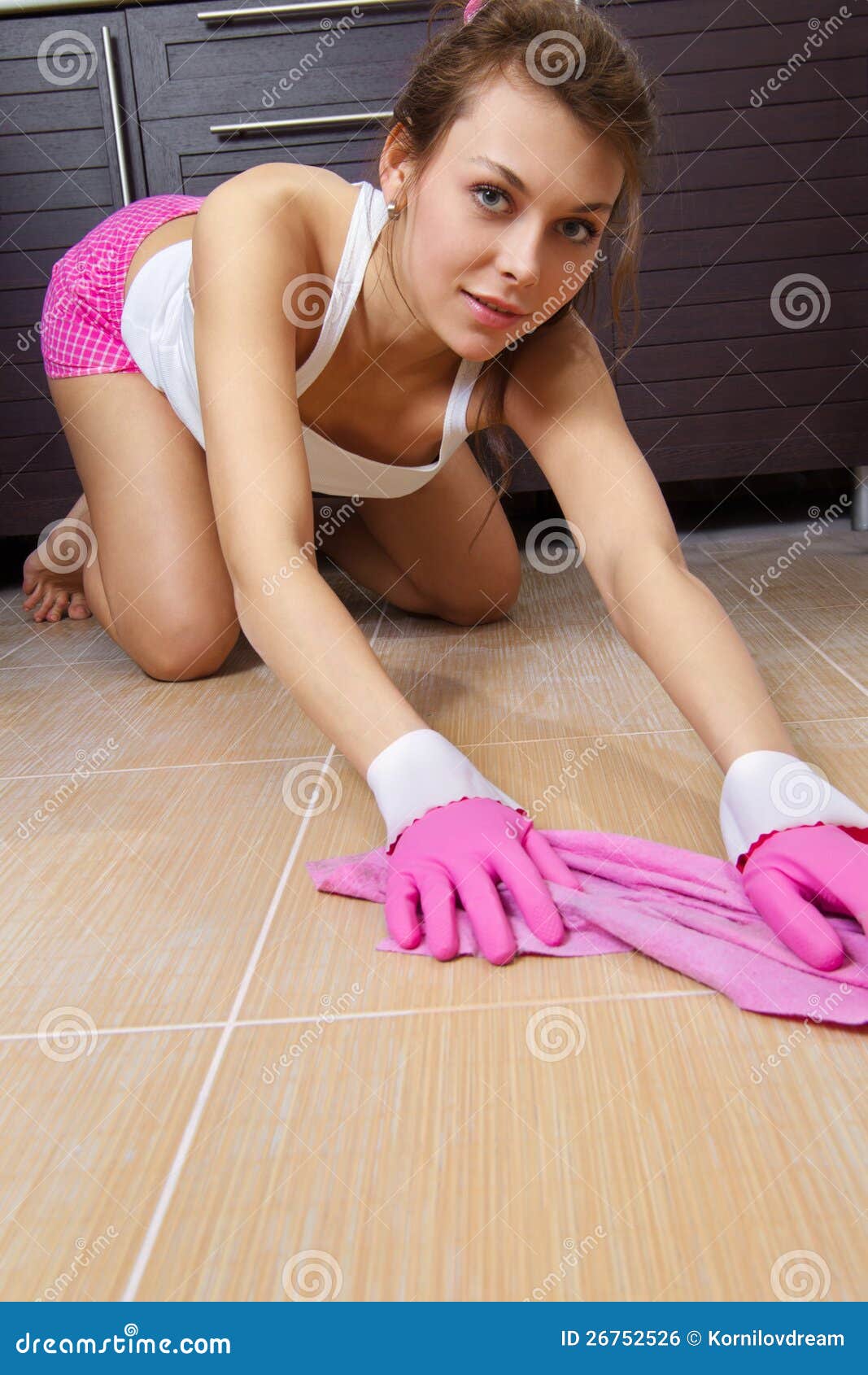 Woman Cleaning Kitchen Floor Royalty Free Stock Im