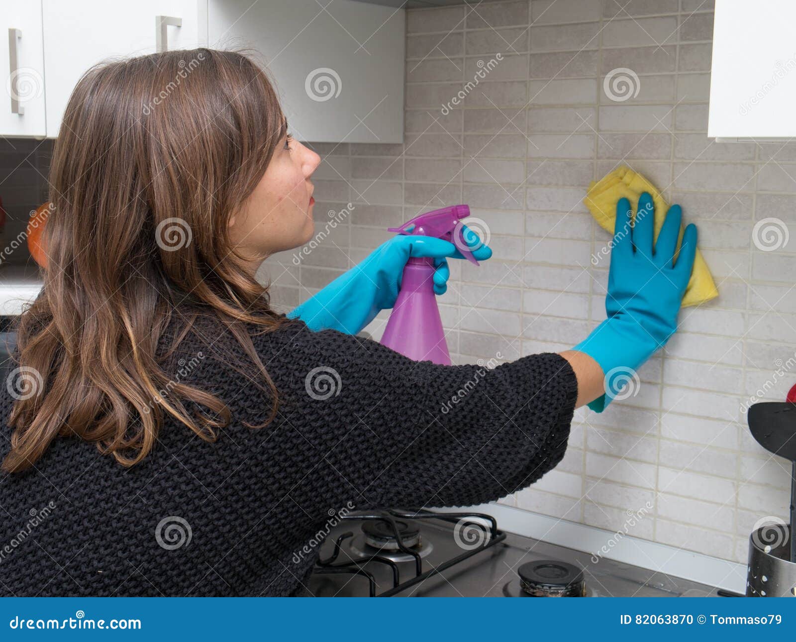 Woman Cleaning Kitchen Tiles Stock Photo Image of household, sponge 82063870