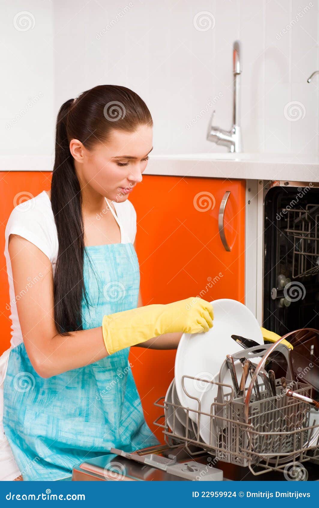 Woman Cleaning Kitchen Using Dish Washing Ma Stock Photo Image of