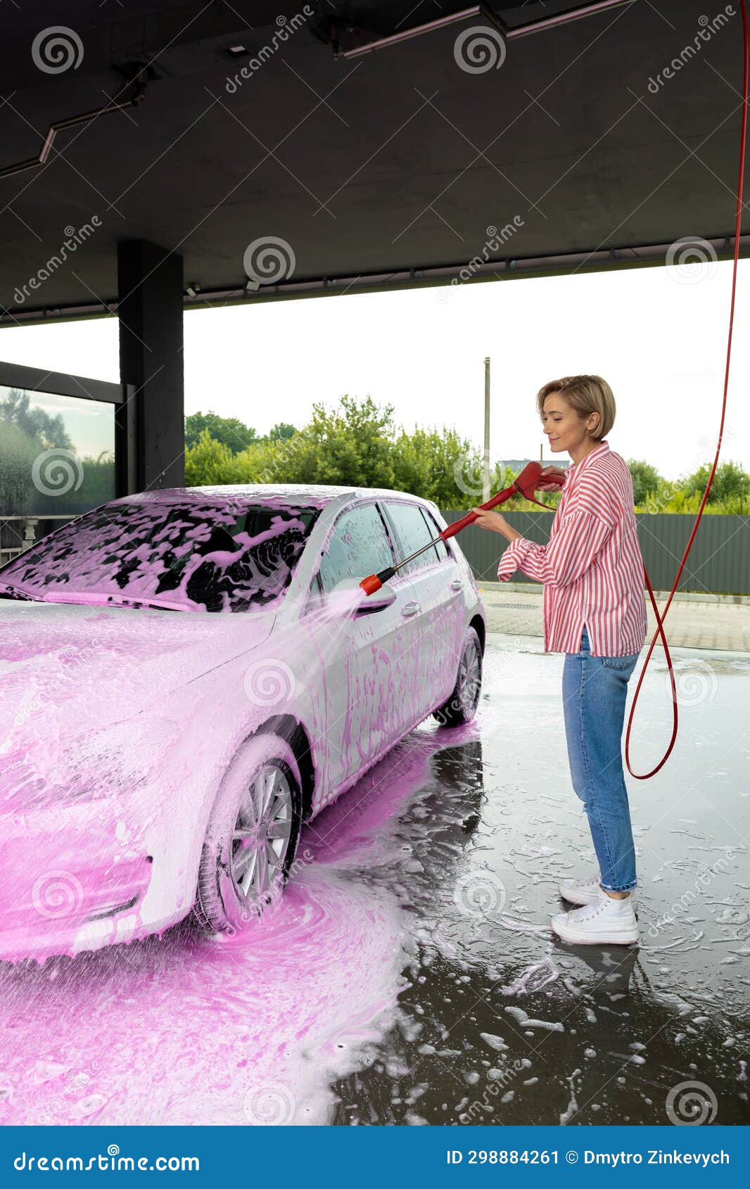 Woman Cleaning a White Car the Car Wash Stock Image Image of hose, transportation 298884261