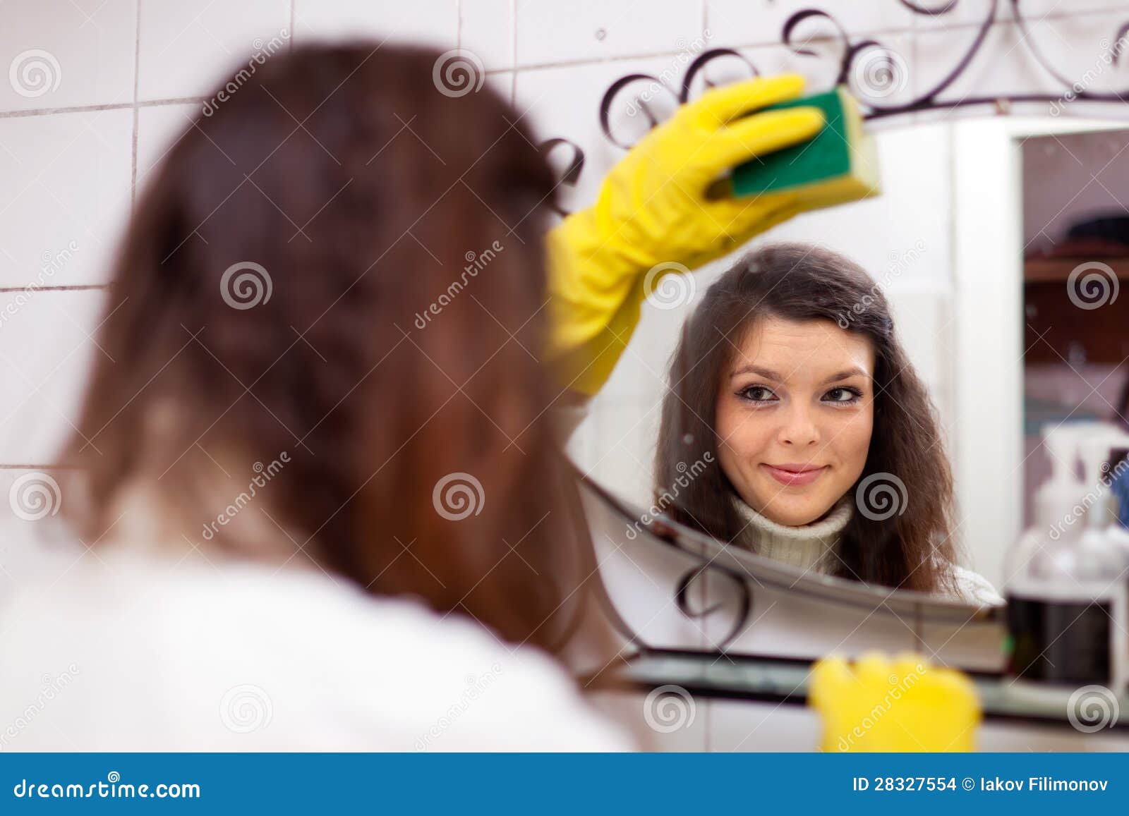 Woman Cleans Mirror in Bathroom Stock Photo Image of female, cleanup