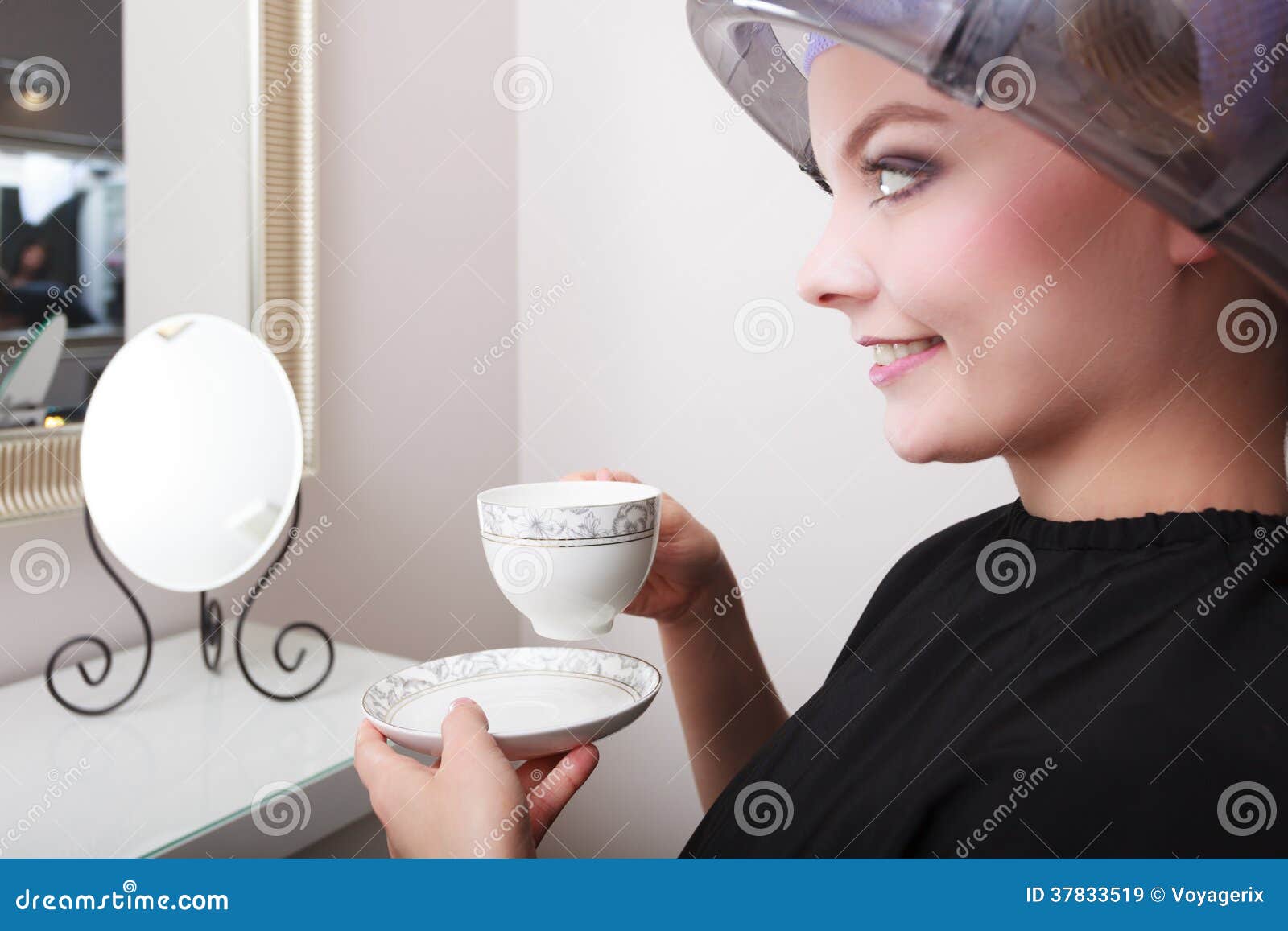 Woman Client Drinking Coffee Tea In Hairdressing Salon 