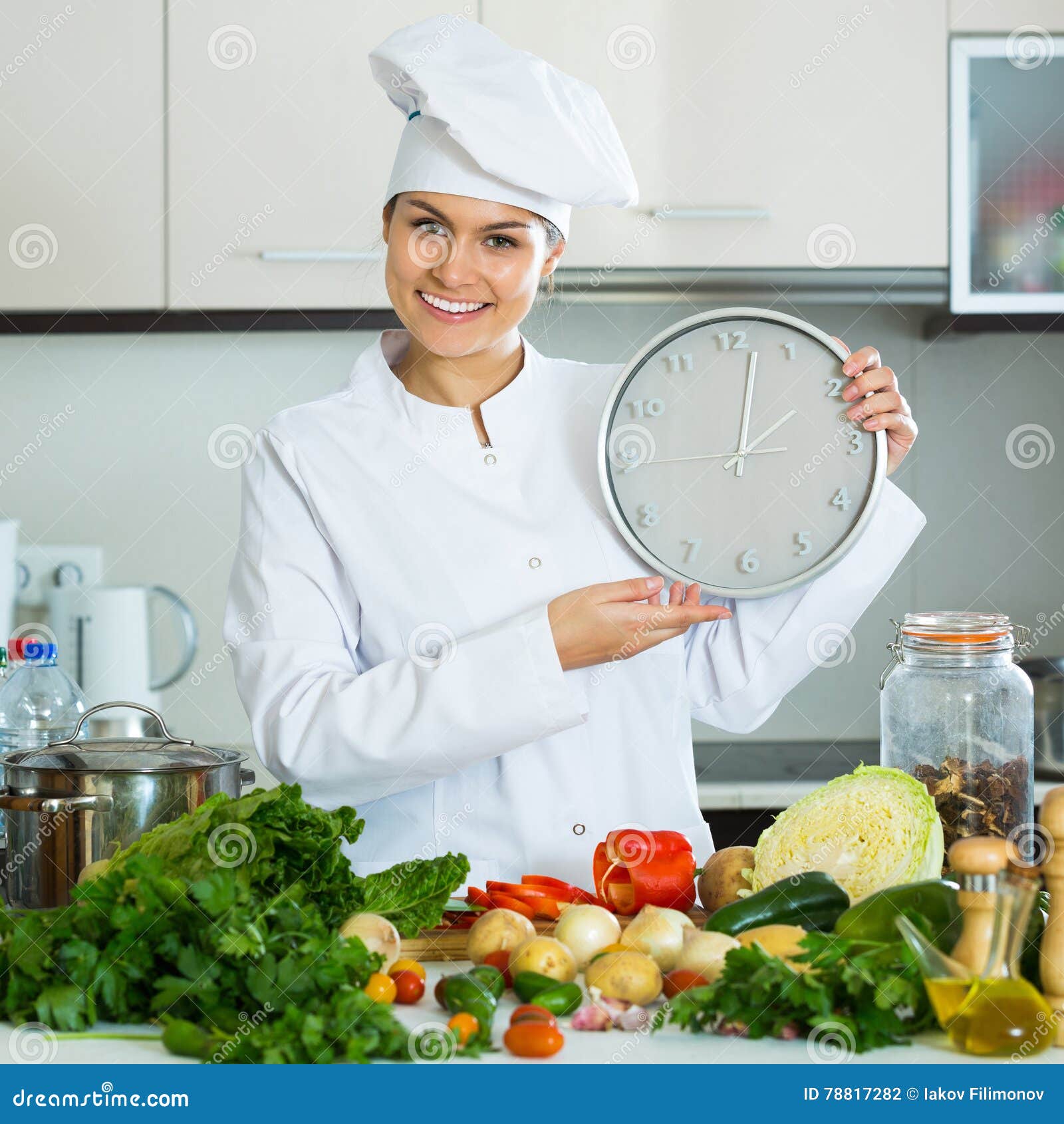 Woman With Clock At Kitchen Stock Photo Image Of Cook Apartment