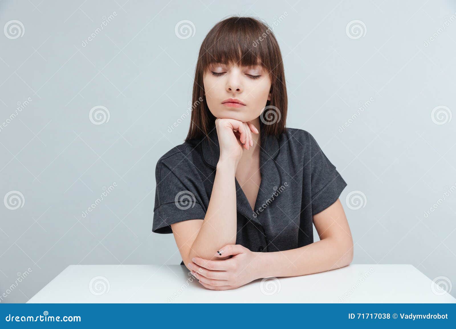 Woman with Closed Eyes Sitting at the Table Stock Photo - Image of ...