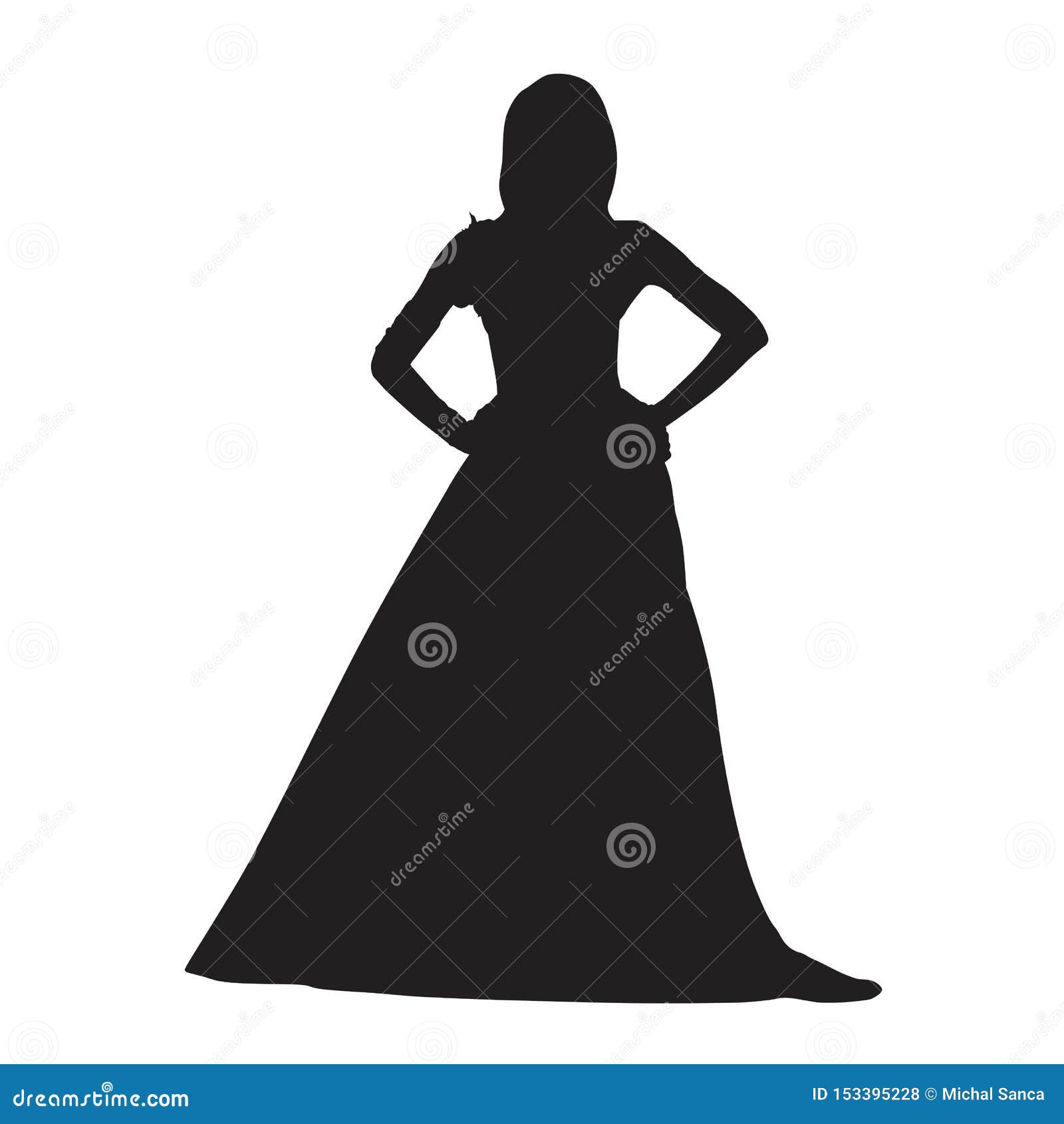 woman clothed in long night dress,   silhouette. hands on hips