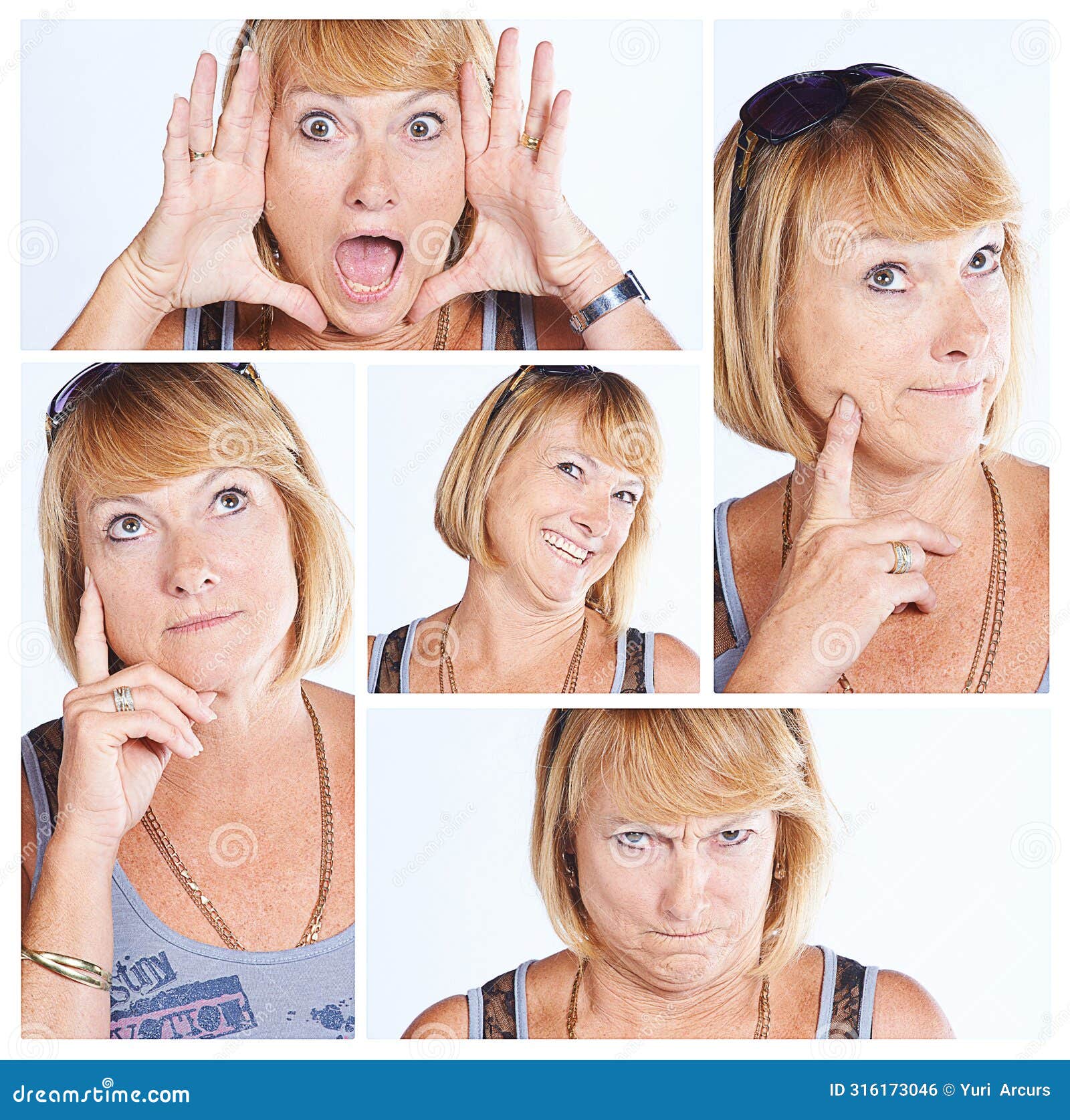 woman, collage and facial expressions in studio with humour or funny emotions as comedian. female person, face and idea