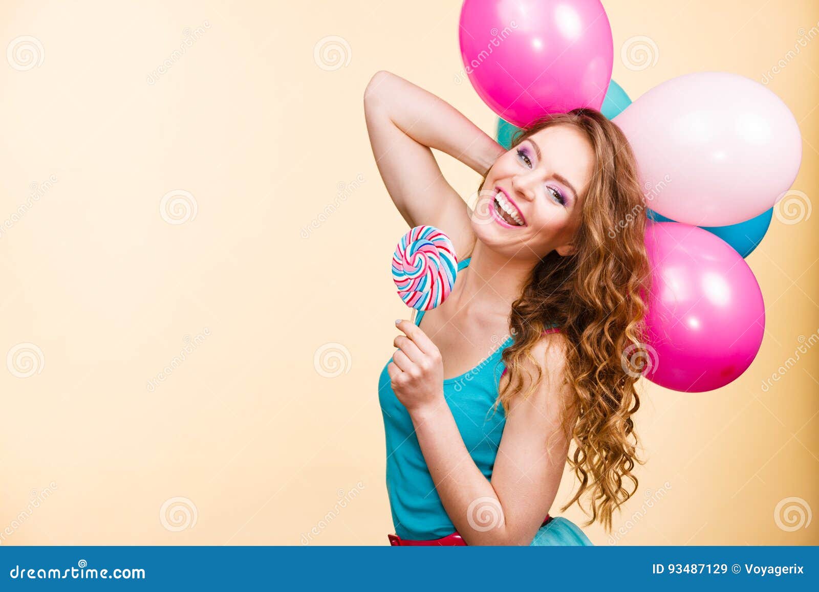 Woman with Colorful Balloons and Lollipop Stock Image - Image of candy ...