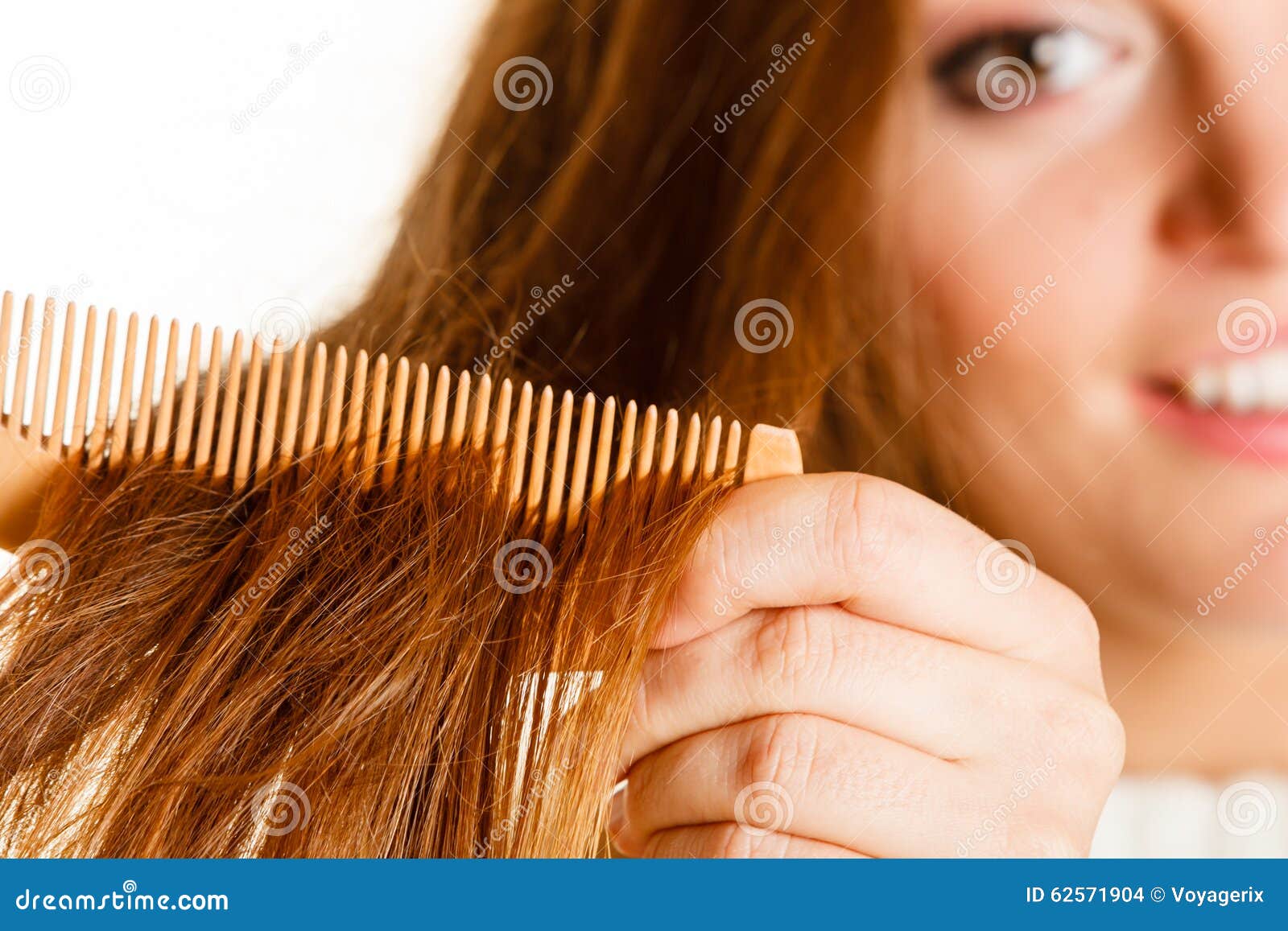 Woman Combing and Pulls Hair. Stock Photo Image of tangled, hairstyle