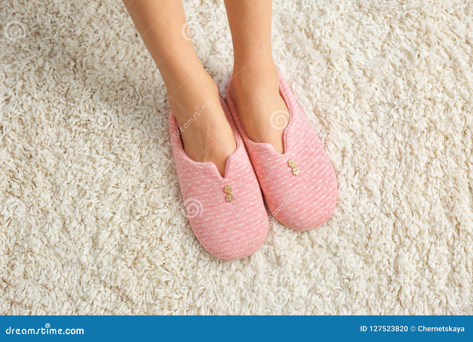 Woman in Comfortable Slippers on Carpet, Closeup Stock Photo - Image of ...