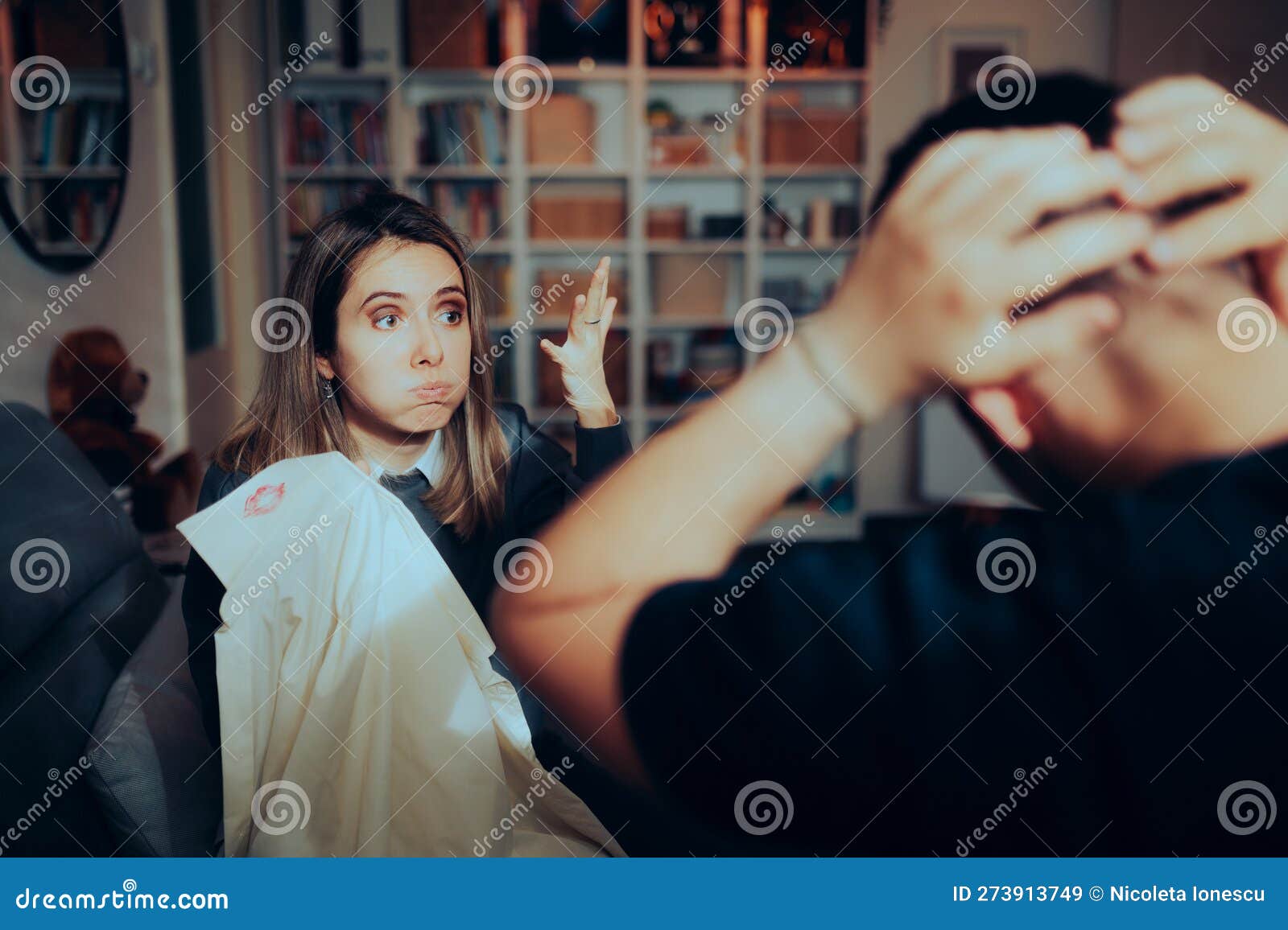 Woman Confronting Her Cheating Husband With Infidelity Evidence Stock Image Image Of Betrayal